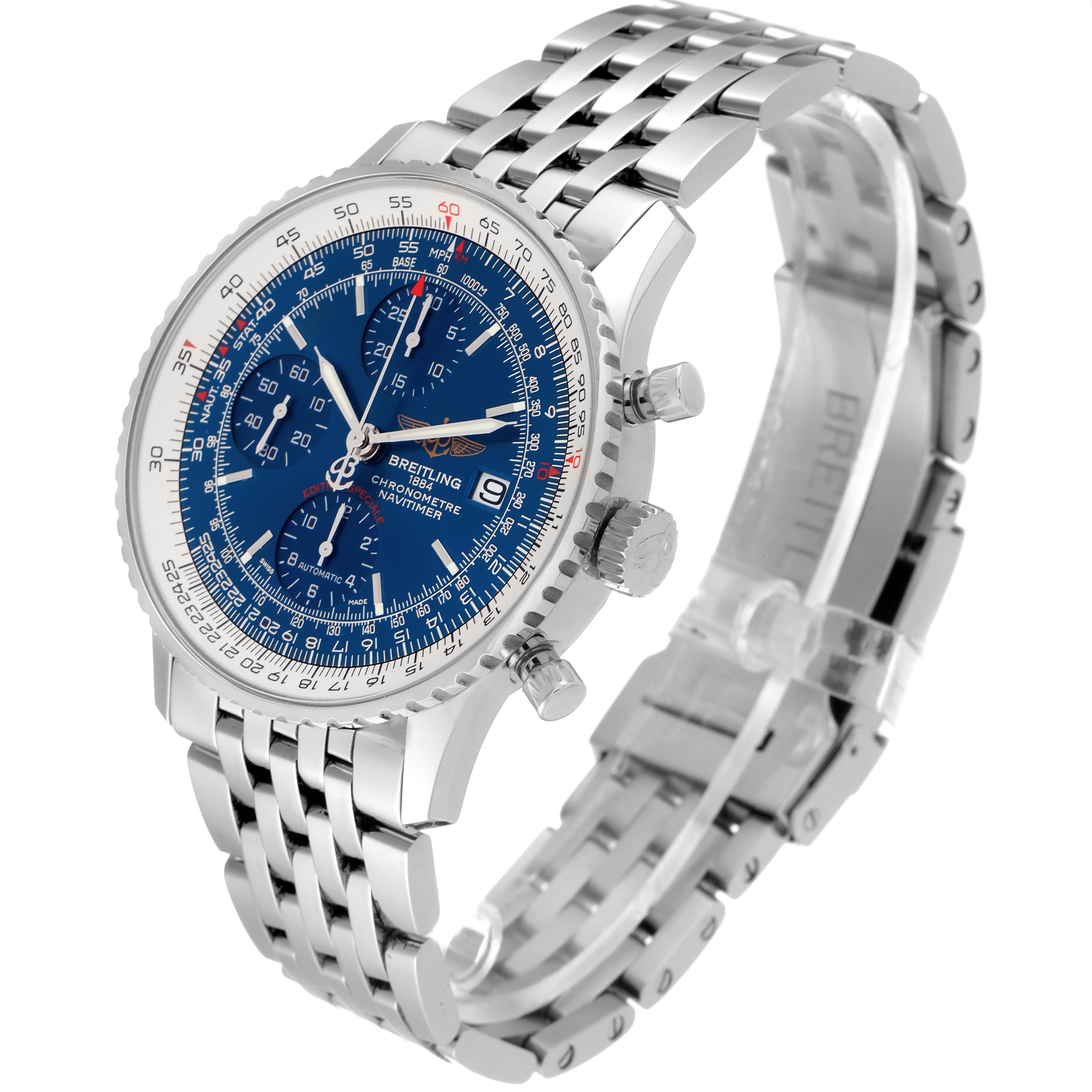 The Breitling Navitimer A13324 Men
s Stainless Steel Blue Dial A13324 Men
s Stainless Steel Blue Dial watch is shown at a three-quarter angle, displaying the face, crown, pushers, and part of the bracelet.