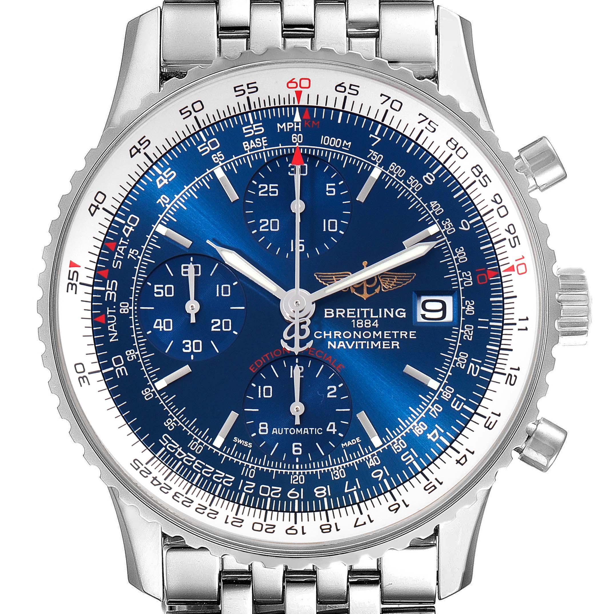 The image shows a close-up of the dial and bezel of a Breitling Navitimer A13324 Men
s Stainless Steel Blue Dial A13324 Men
s Stainless Steel Blue Dial watch, displaying its chronograph features and stainless steel bracelet.