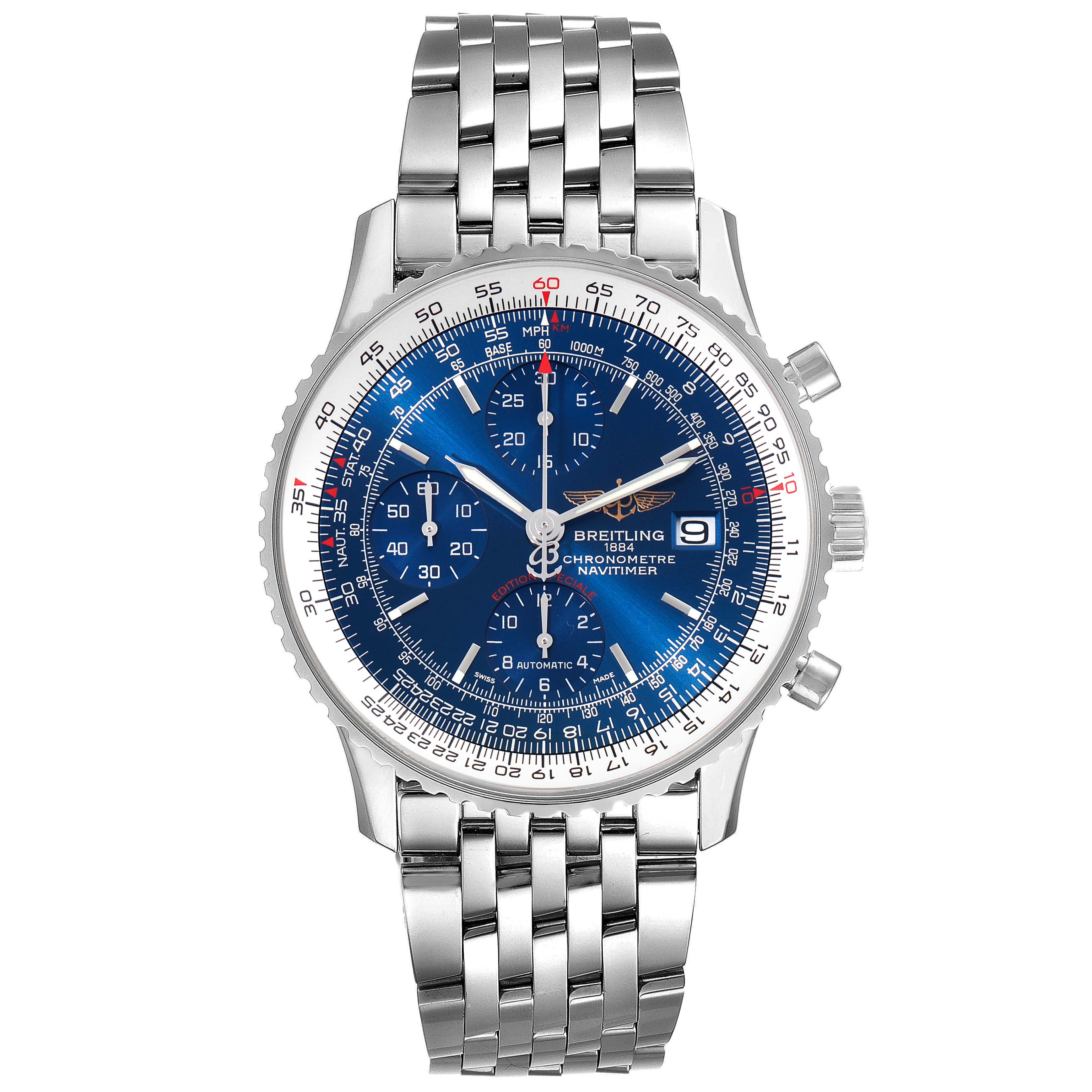 The image shows a frontal view of a Breitling Navitimer A13324 Men
s Stainless Steel Blue Dial A13324 Men
s Stainless Steel Blue Dial watch with a blue dial and a stainless steel bracelet.
