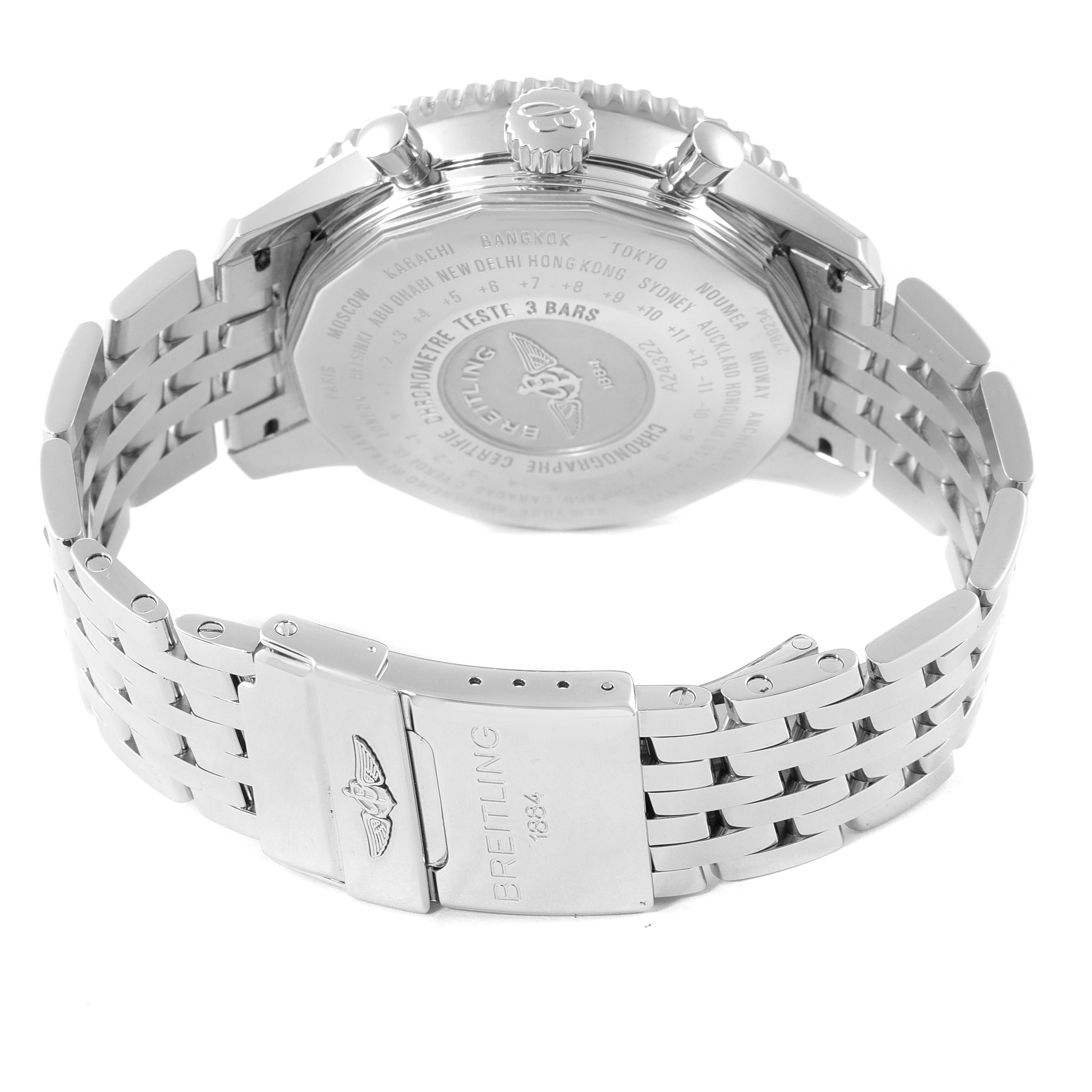 This image shows the back of a Breitling Navitimer A24322 Men's Stainless Steel Black Dial A24322 Men's Stainless Steel Black Dial watch, including the case back, crown, pushers, and bracelet clasp.