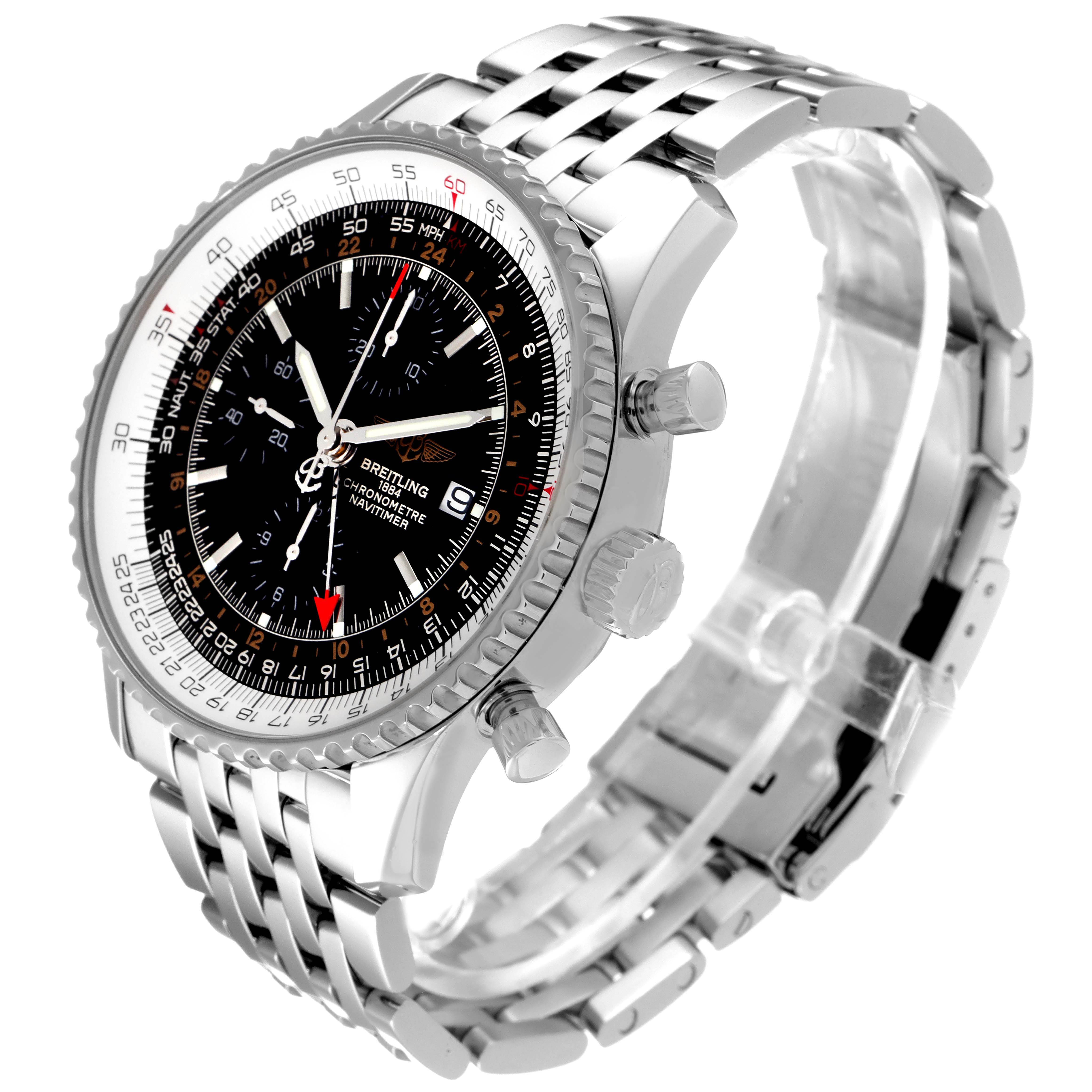 This image shows a three-quarter angled view of the Breitling Navitimer A24322 Men's Stainless Steel Black Dial A24322 Men's Stainless Steel Black Dial watch, highlighting the face, bezel, bracing, and side crowns.