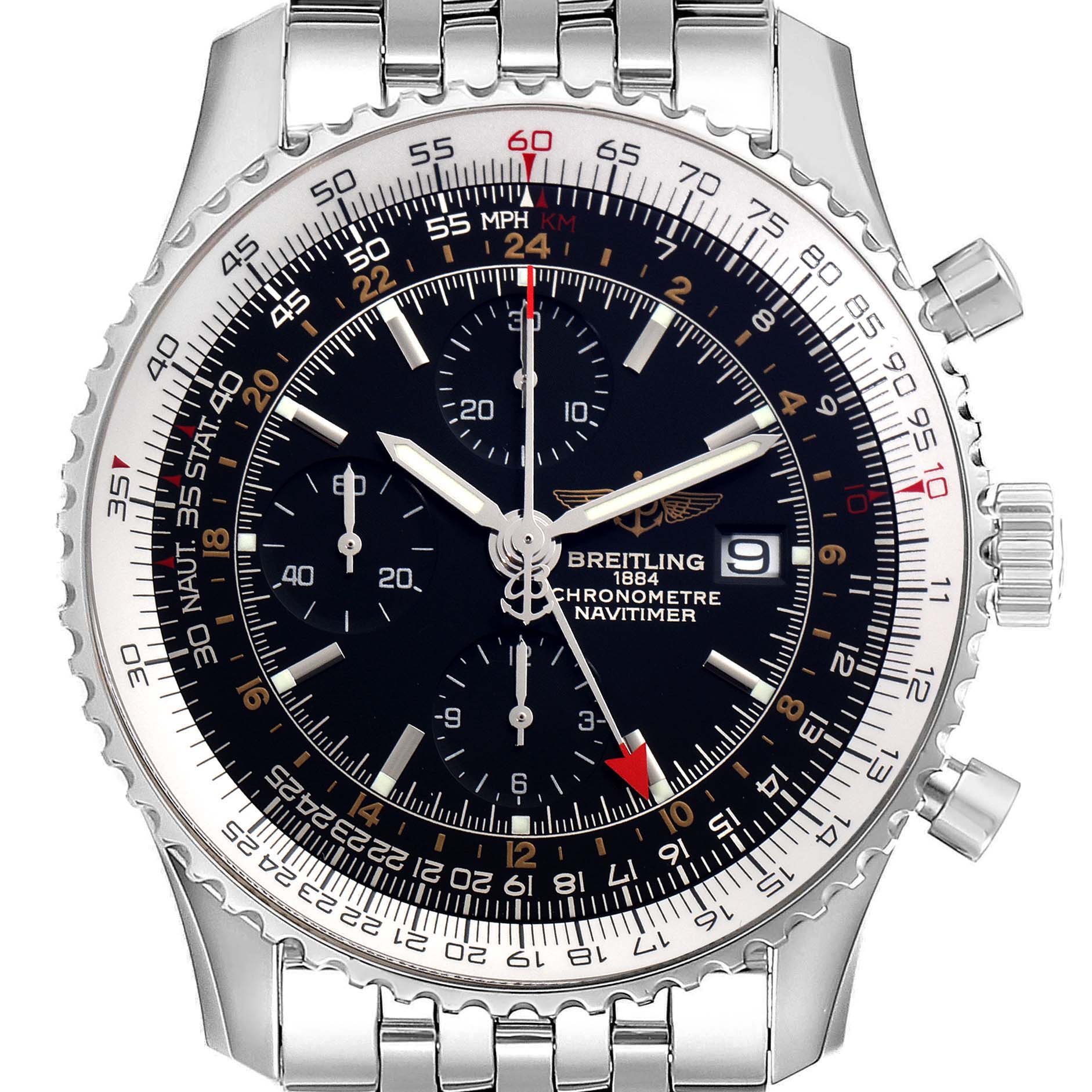 The image shows a Breitling Navitimer A24322 Men's Stainless Steel Black Dial A24322 Men's Stainless Steel Black Dial watch, captured from a front angle, highlighting its face, bezel, and crown.