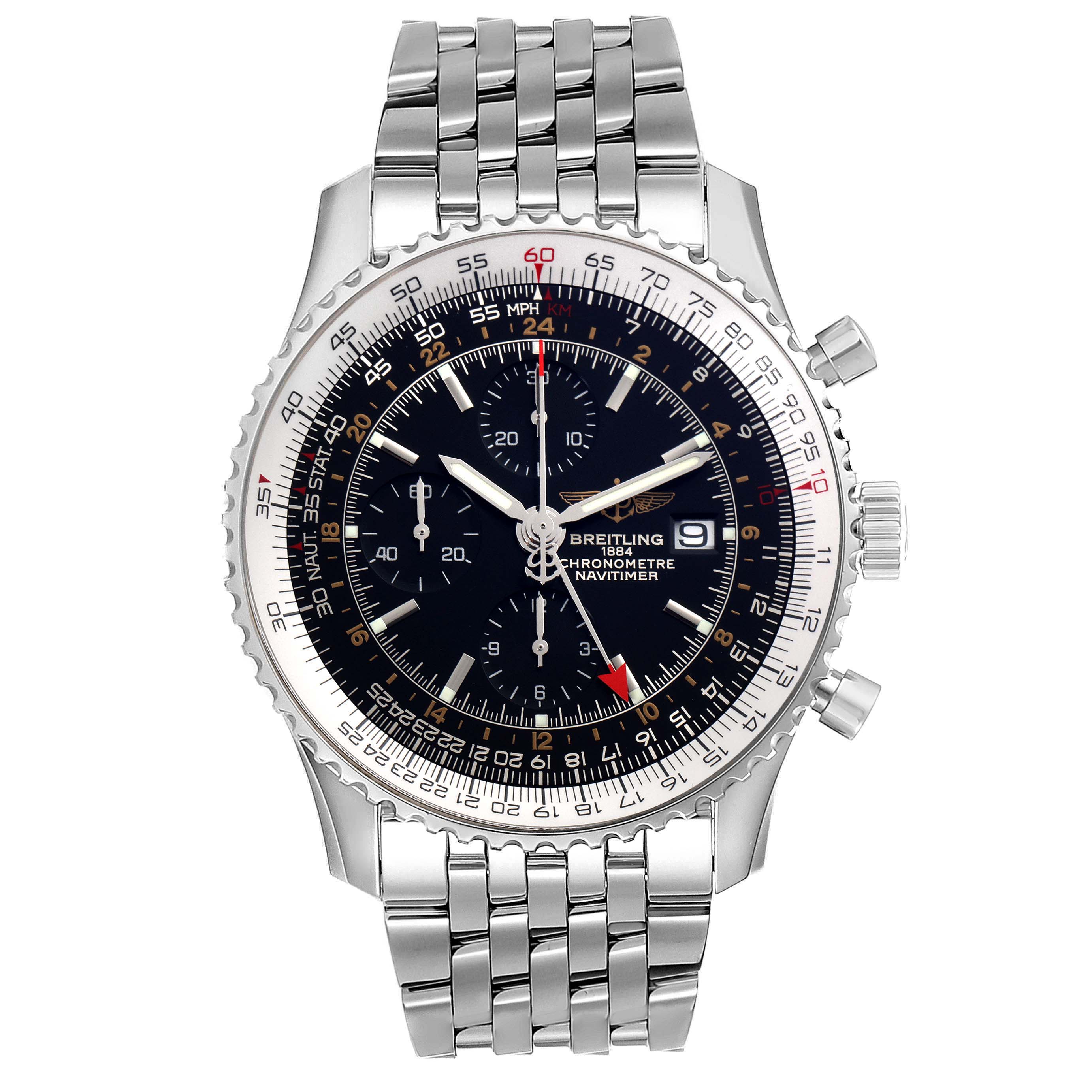 The image shows a front-facing view of a Breitling Navitimer A24322 Men's Stainless Steel Black Dial A24322 Men's Stainless Steel Black Dial watch, highlighting the dial, bezel, chronograph features, and metal bracelet.