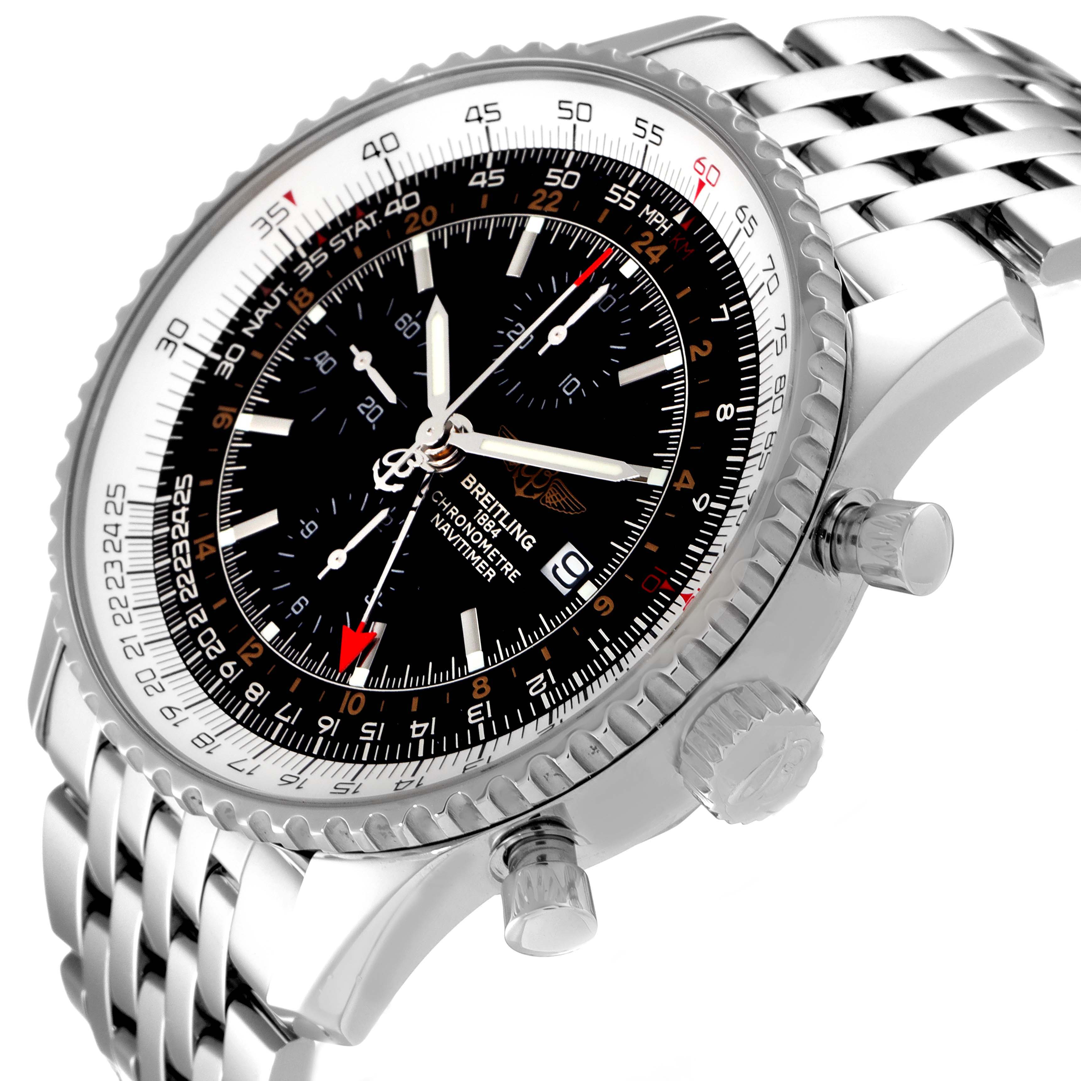 The image shows a Breitling Navitimer A24322 Men's Stainless Steel Black Dial A24322 Men's Stainless Steel Black Dial watch at an angled view, highlighting the face, dials, bezel, crown, and part of the bracelet.
