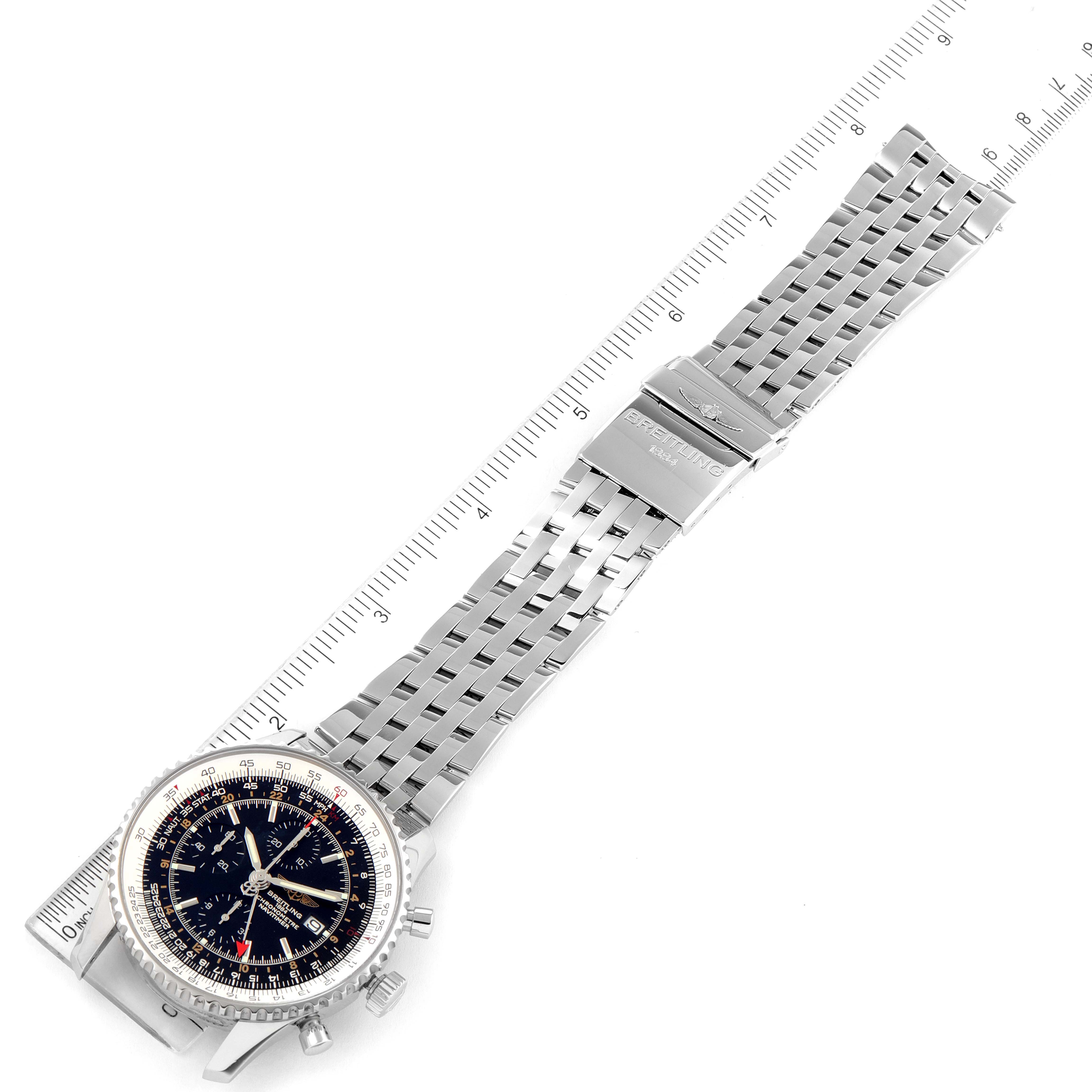 The image shows a Breitling Navitimer A24322 Men's Stainless Steel Black Dial A24322 Men's Stainless Steel Black Dial watch laid flat, showcasing its face, metal bracelet, and measurement rulers along the length.