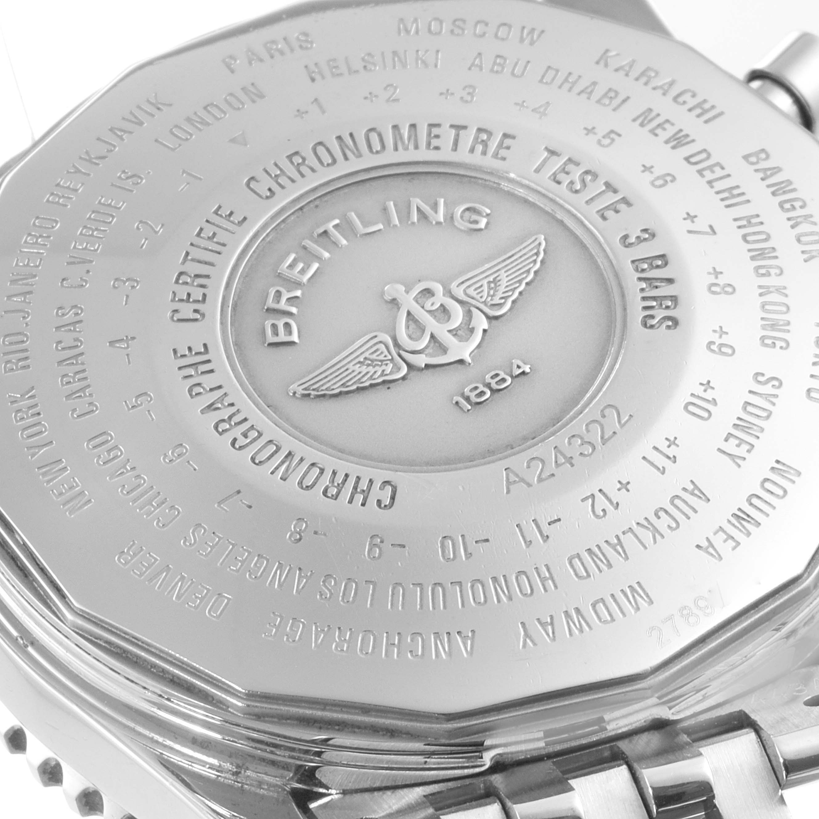 The image shows the case back and part of the bracelet of the Breitling Navitimer A24322 Men's Stainless Steel Black Dial A24322 Men's Stainless Steel Black Dial watch, highlighting engravings.