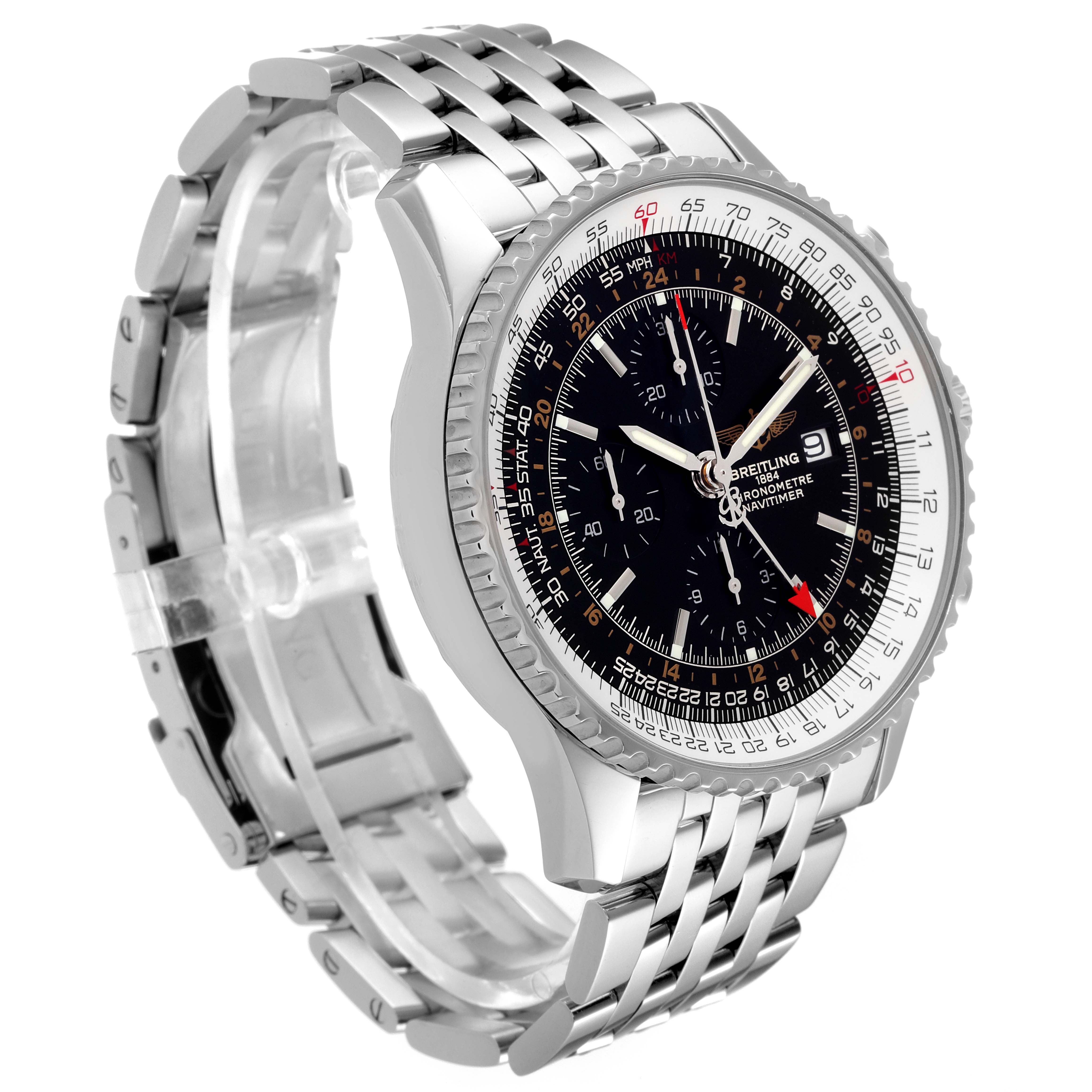 This image shows a Breitling Navitimer A24322 Men's Stainless Steel Black Dial A24322 Men's Stainless Steel Black Dial watch from an angled side view displaying its face, bezel, and metal bracelet.