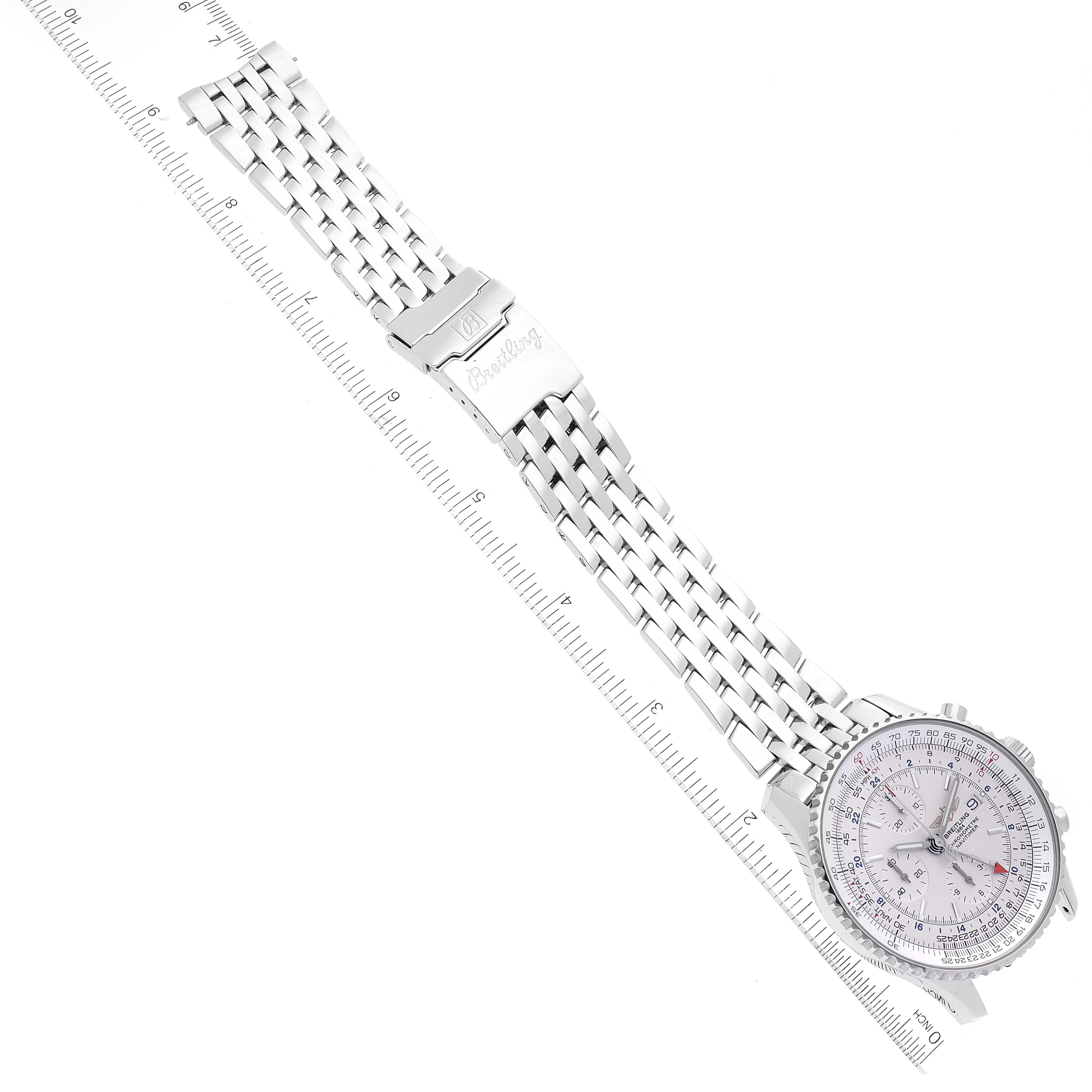 The image shows a Breitling Navitimer A24322 Men's Stainless Steel Silver Dial A24322 Men's Stainless Steel Silver Dial watch from an angled top view, highlighting its face, bezel, and metal bracelet with a ruler for scale.