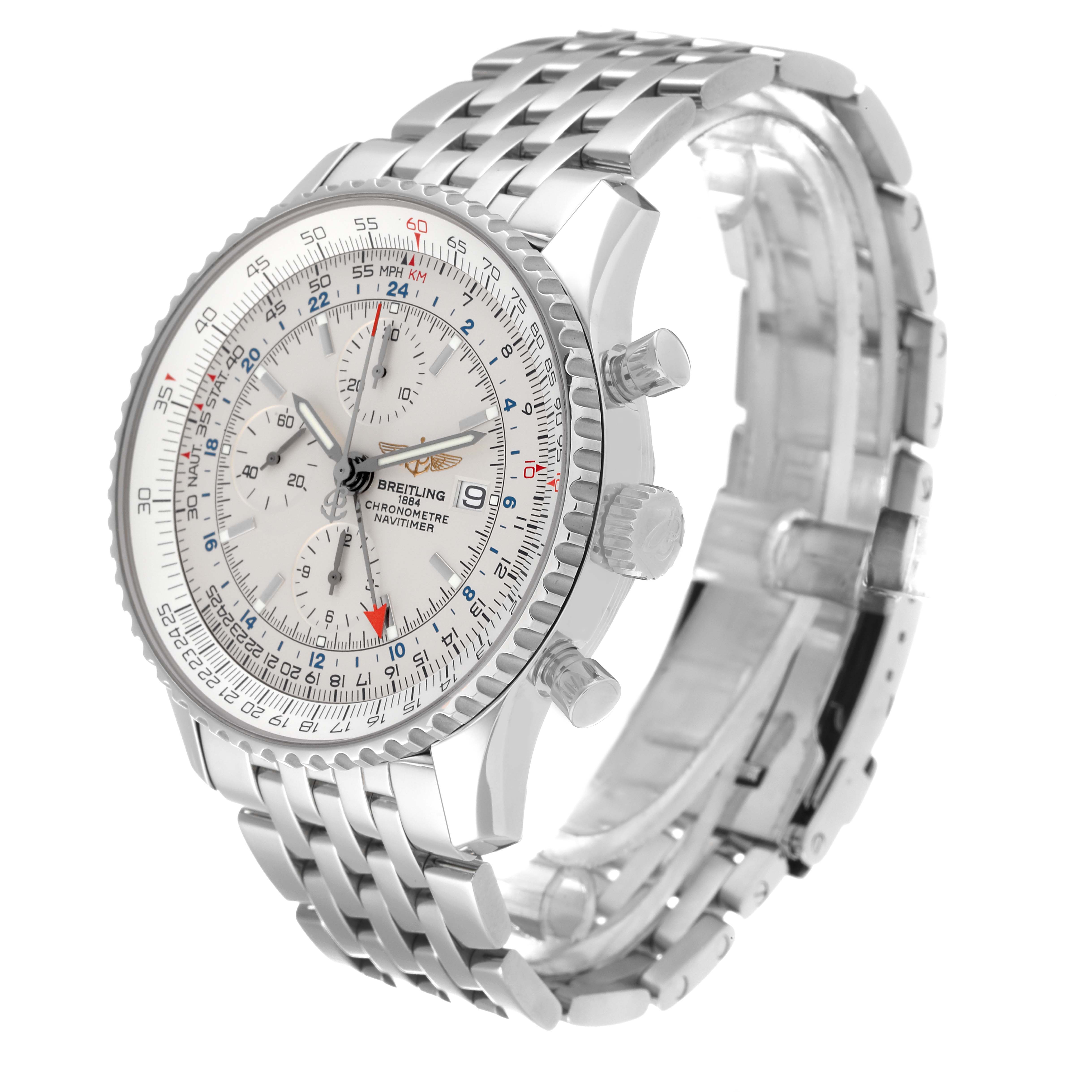 The image shows a Breitling Navitimer A24322 Men's Stainless Steel Silver Dial A24322 Men's Stainless Steel Silver Dial watch at an angle highlighting its face, bezel, chronograph buttons, and metal bracelet.