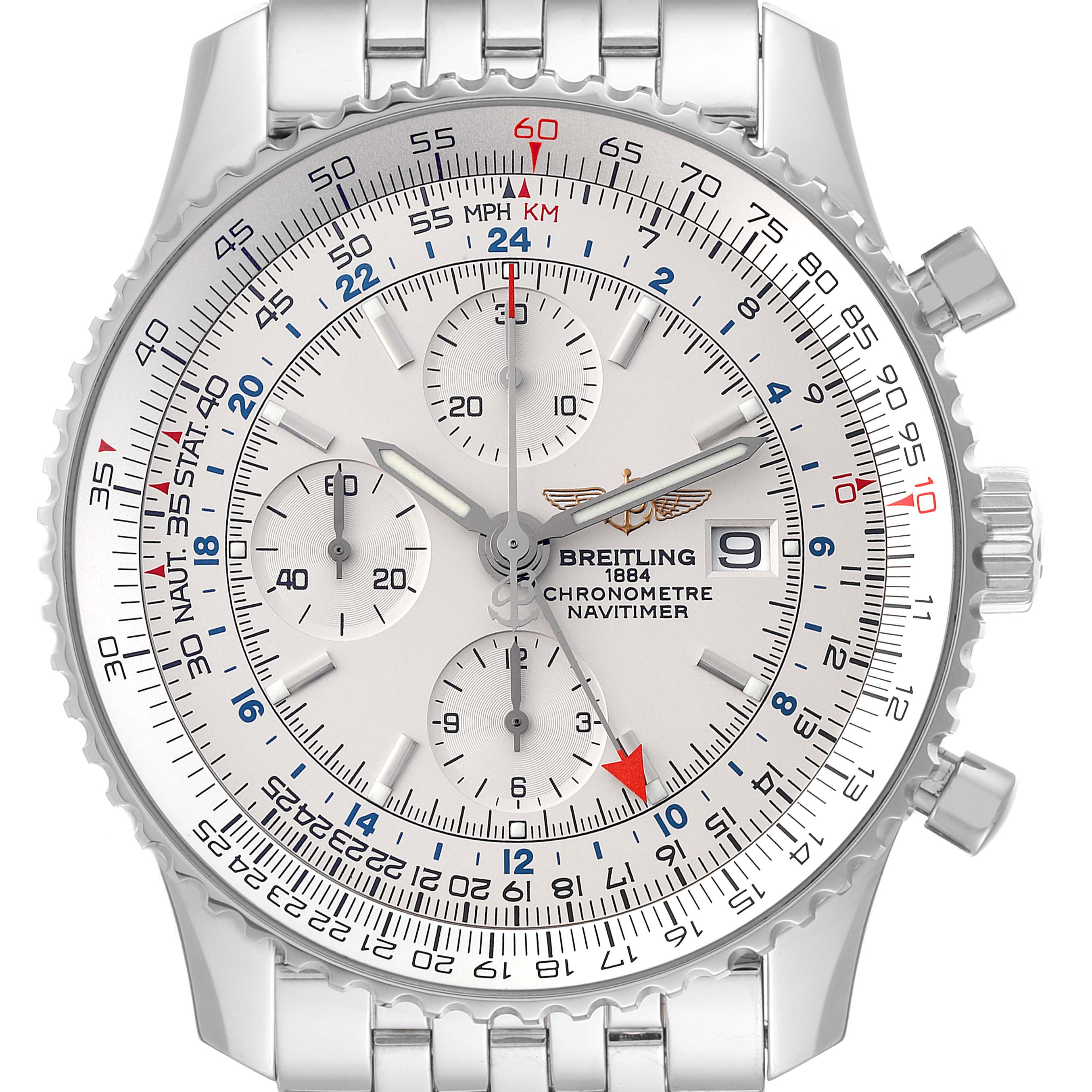 This image shows a front view of the Breitling Navitimer A24322 Men's Stainless Steel Silver Dial A24322 Men's Stainless Steel Silver Dial watch, highlighting its detailed dial and silver bracelet.