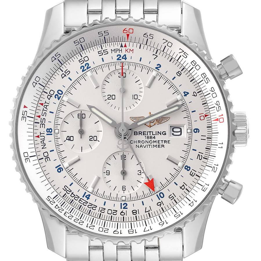 Breitling Navitimer World GMT Chronograph Silver Dial Steel Mens Watch A24322 SwissWatchExpo