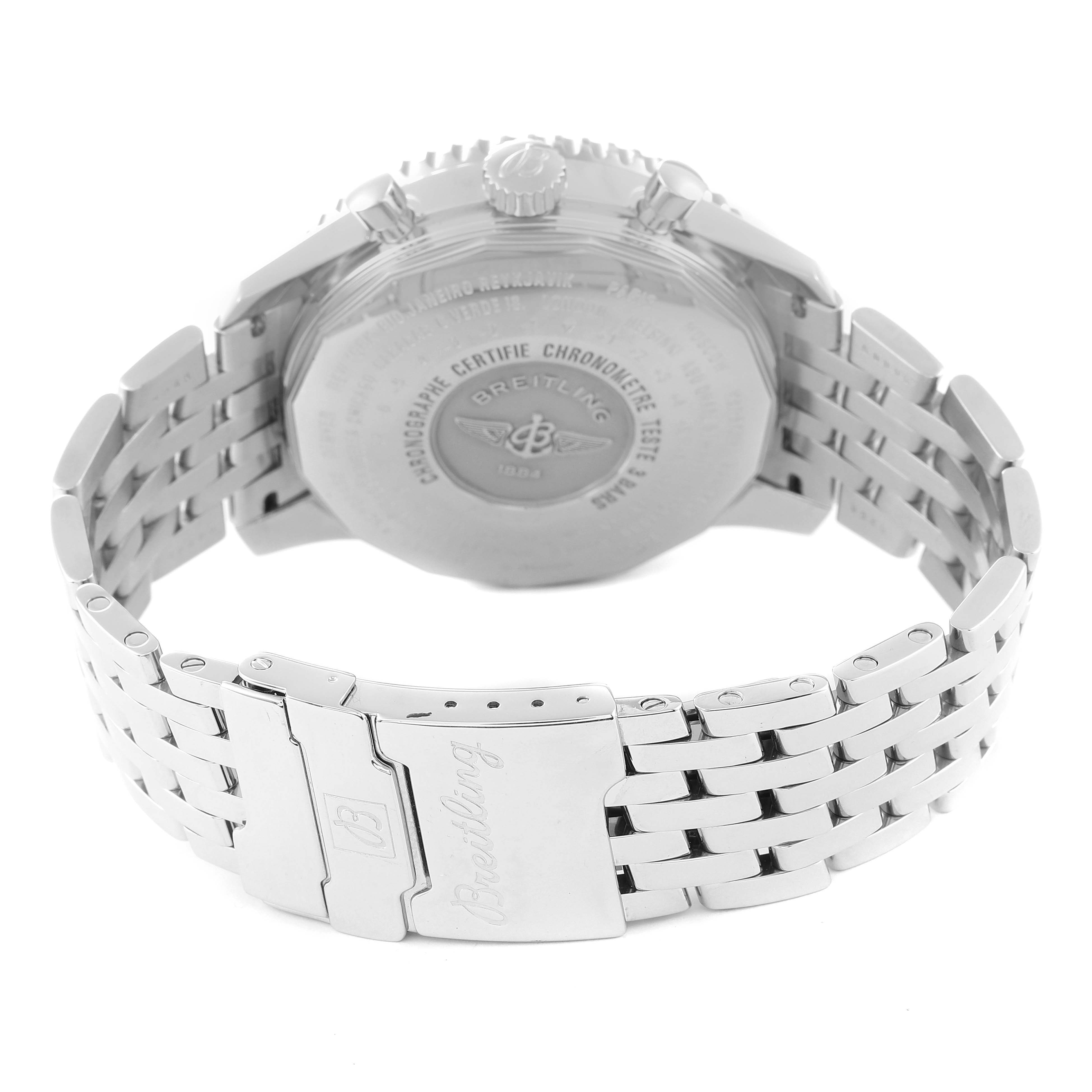 The image shows the back case and clasp of a Breitling Navitimer A24322 Men's Stainless Steel Silver Dial A24322 Men's Stainless Steel Silver Dial watch, featuring a stainless steel bracelet.