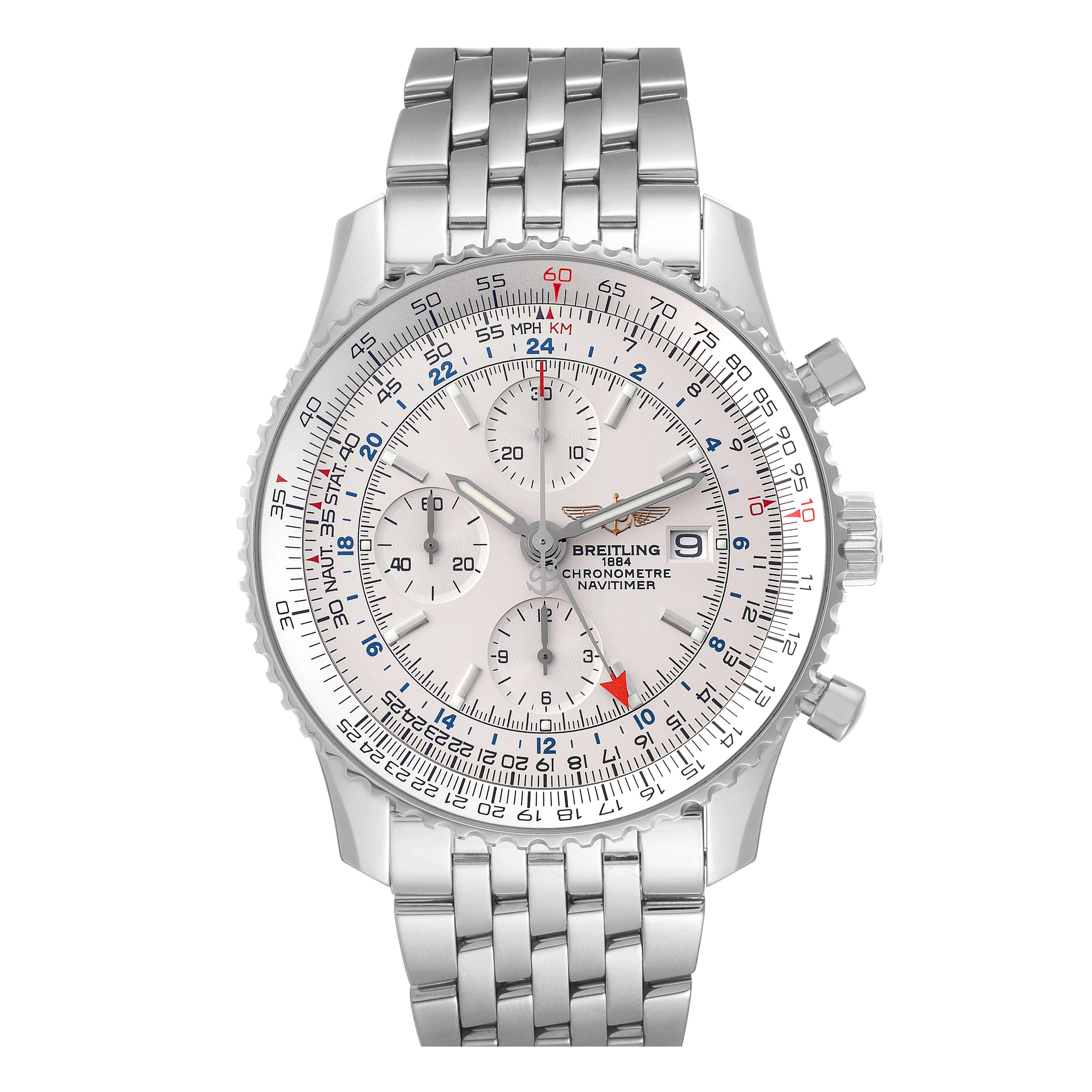 The Breitling Navitimer A24322 Men's Stainless Steel Silver Dial A24322 Men's Stainless Steel Silver Dial model watch is shown from the front, displaying the dial, chronograph, and metal bracelet.