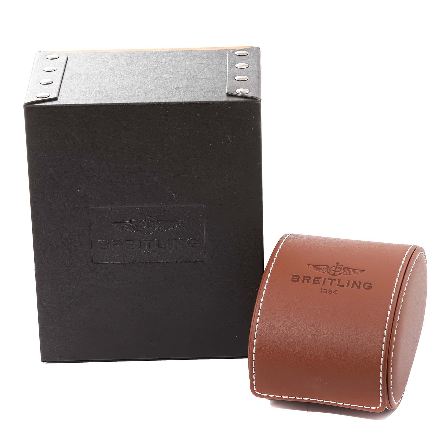 The image displays the box and leather case accessories for a Breitling Navitimer A24322 Men's Stainless Steel Silver Dial A24322 Men's Stainless Steel Silver Dial watch.