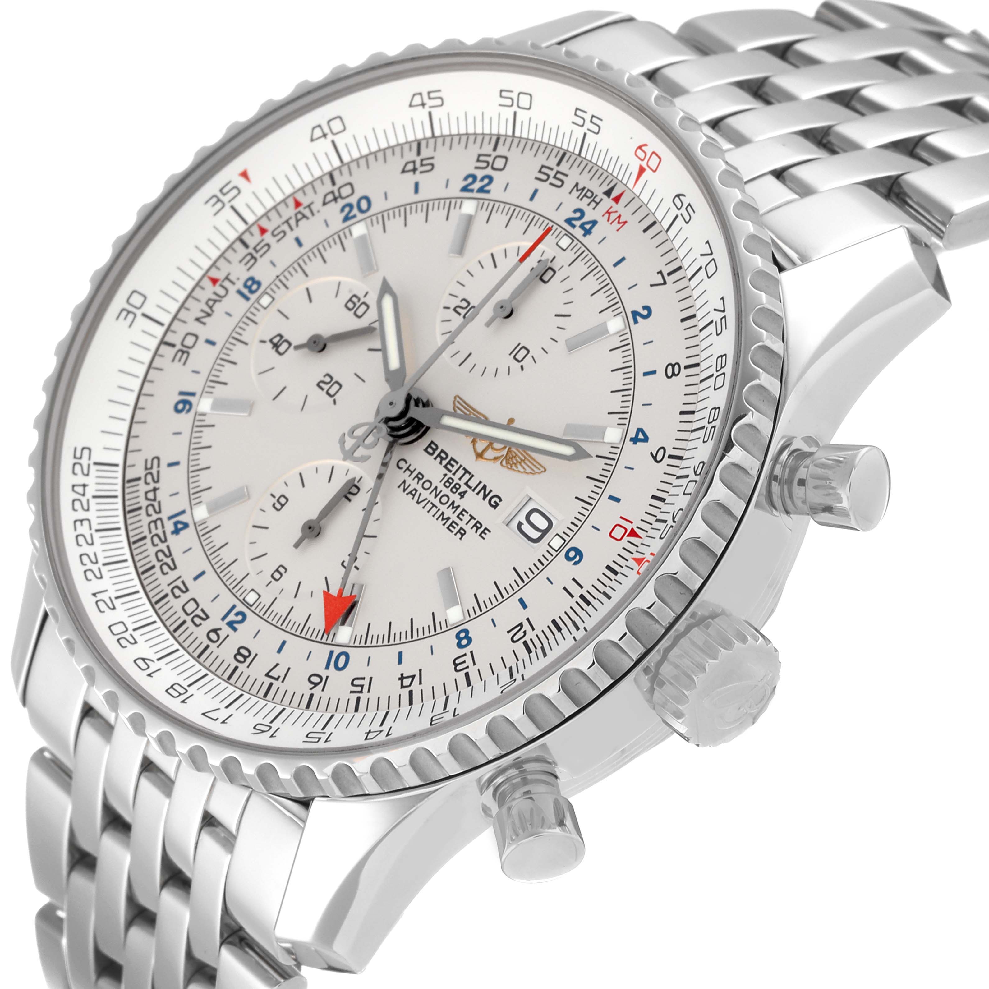 The image shows a diagonal view of a Breitling Navitimer A24322 Men's Stainless Steel Silver Dial A24322 Men's Stainless Steel Silver Dial watch, highlighting its face, crown, pushers, and bracelet.