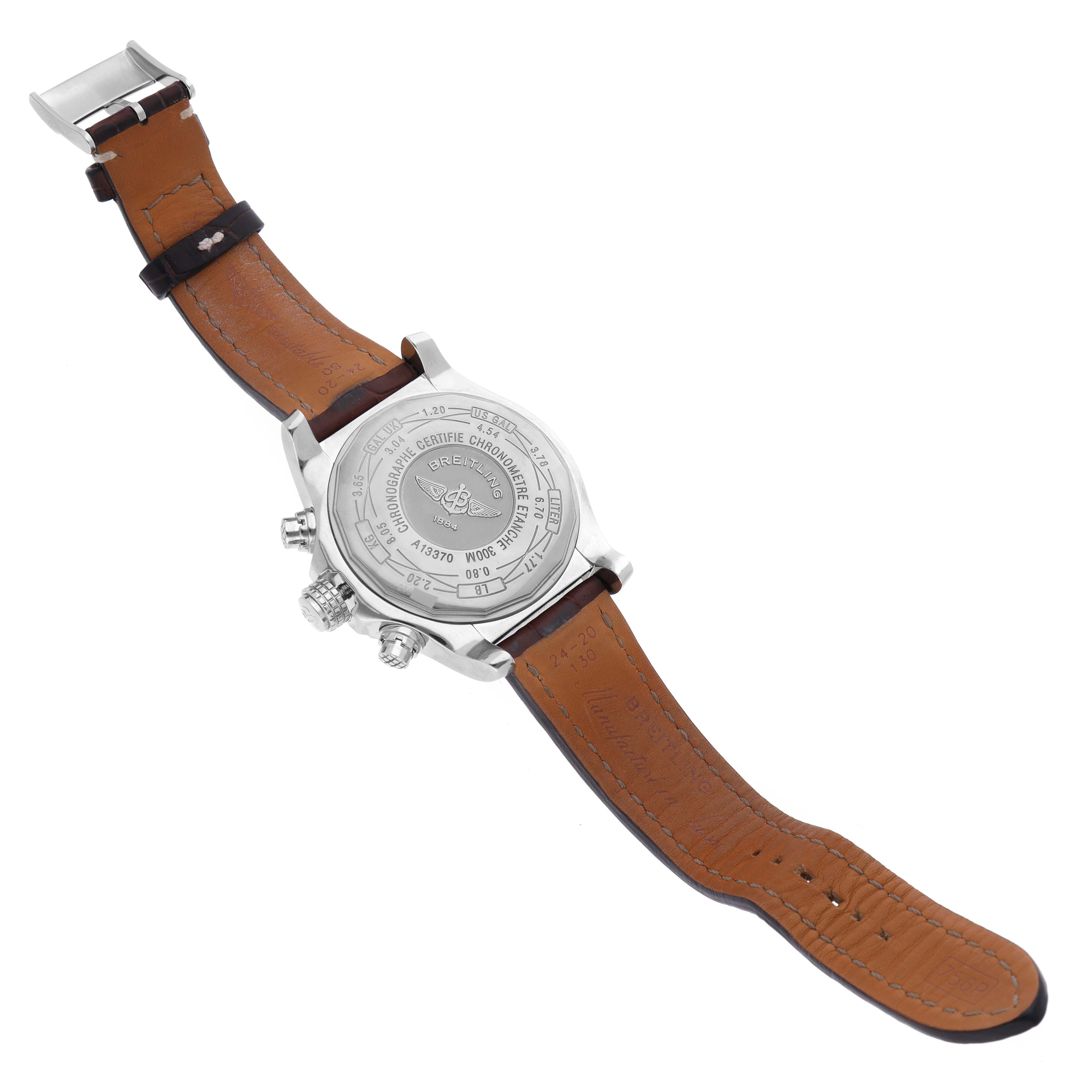 The image shows the back view of a Breitling Avenger A13370 Men's Stainless Steel White Dial A13370 Men's Stainless Steel White Dial watch, highlighting the case back, leather strap, and side buttons.