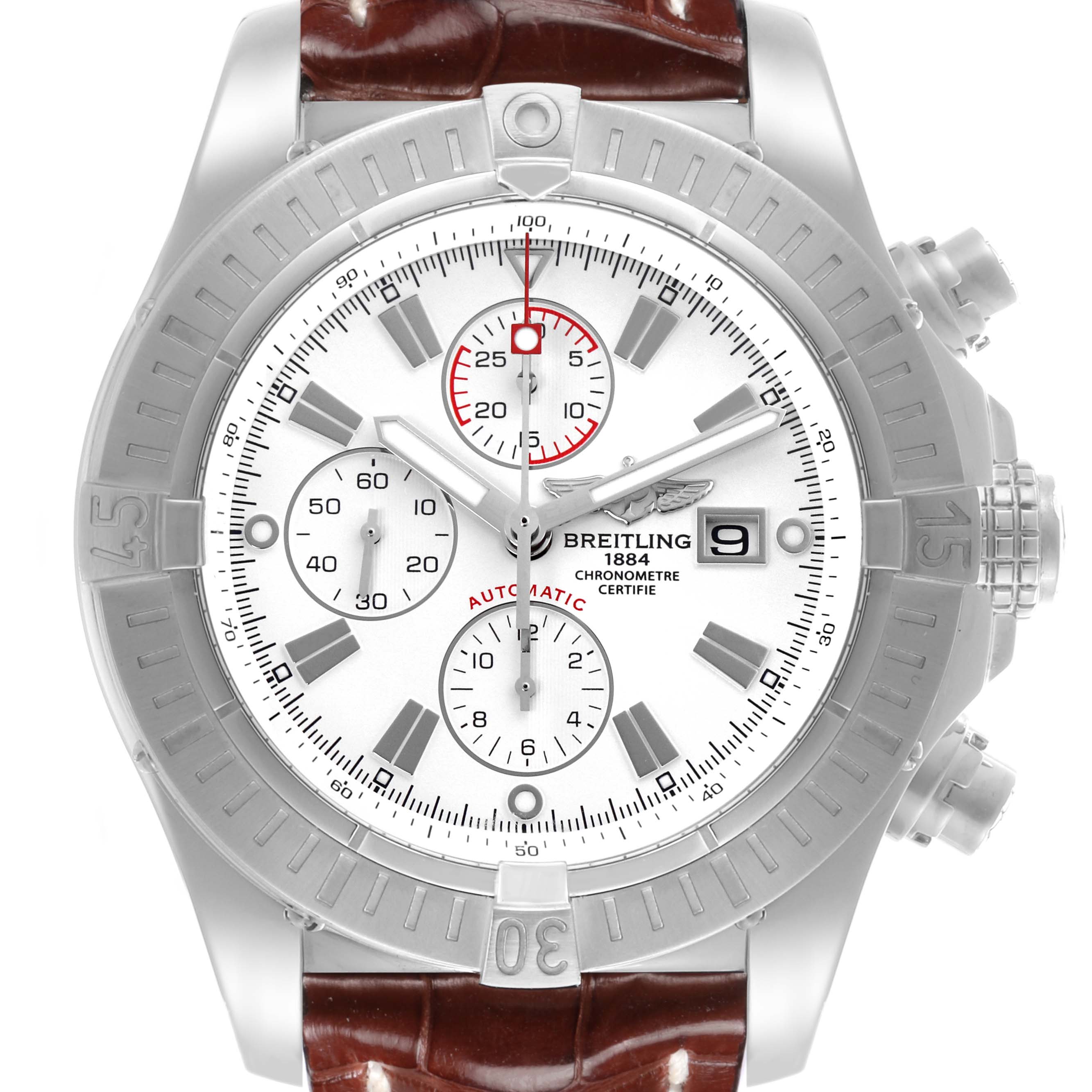 The Breitling Avenger A13370 Men's Stainless Steel White Dial A13370 Men's Stainless Steel White Dial watch is shown from a front angle, displaying the entire face, bezel, and part of the strap.