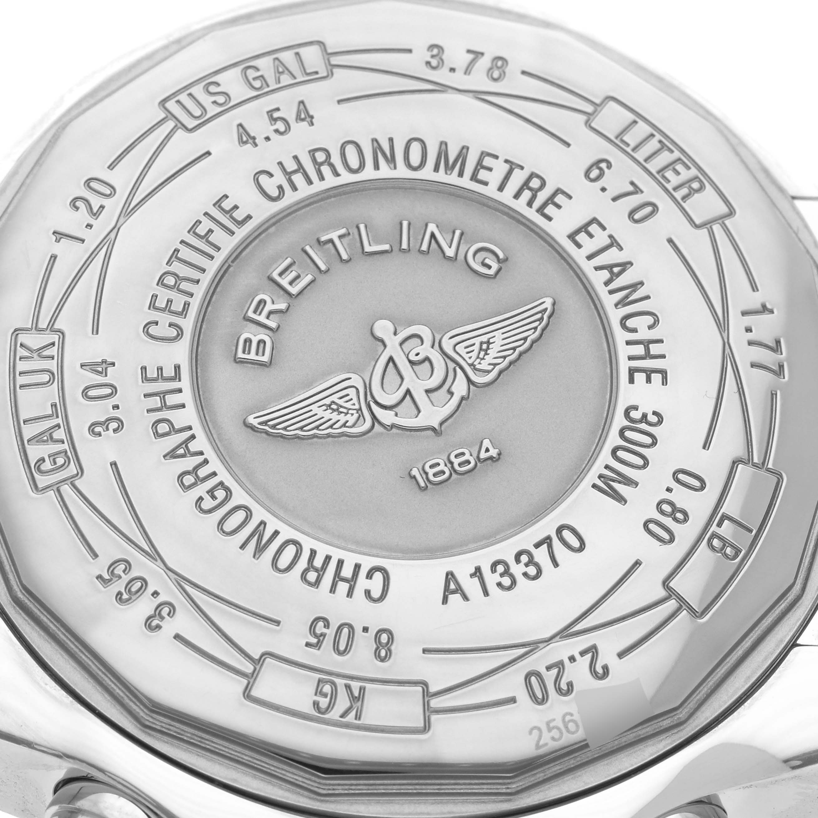 The image shows the back case of the Breitling Avenger A13370 Men's Stainless Steel White Dial A13370 Men's Stainless Steel White Dial watch, highlighting engravings and brand details.