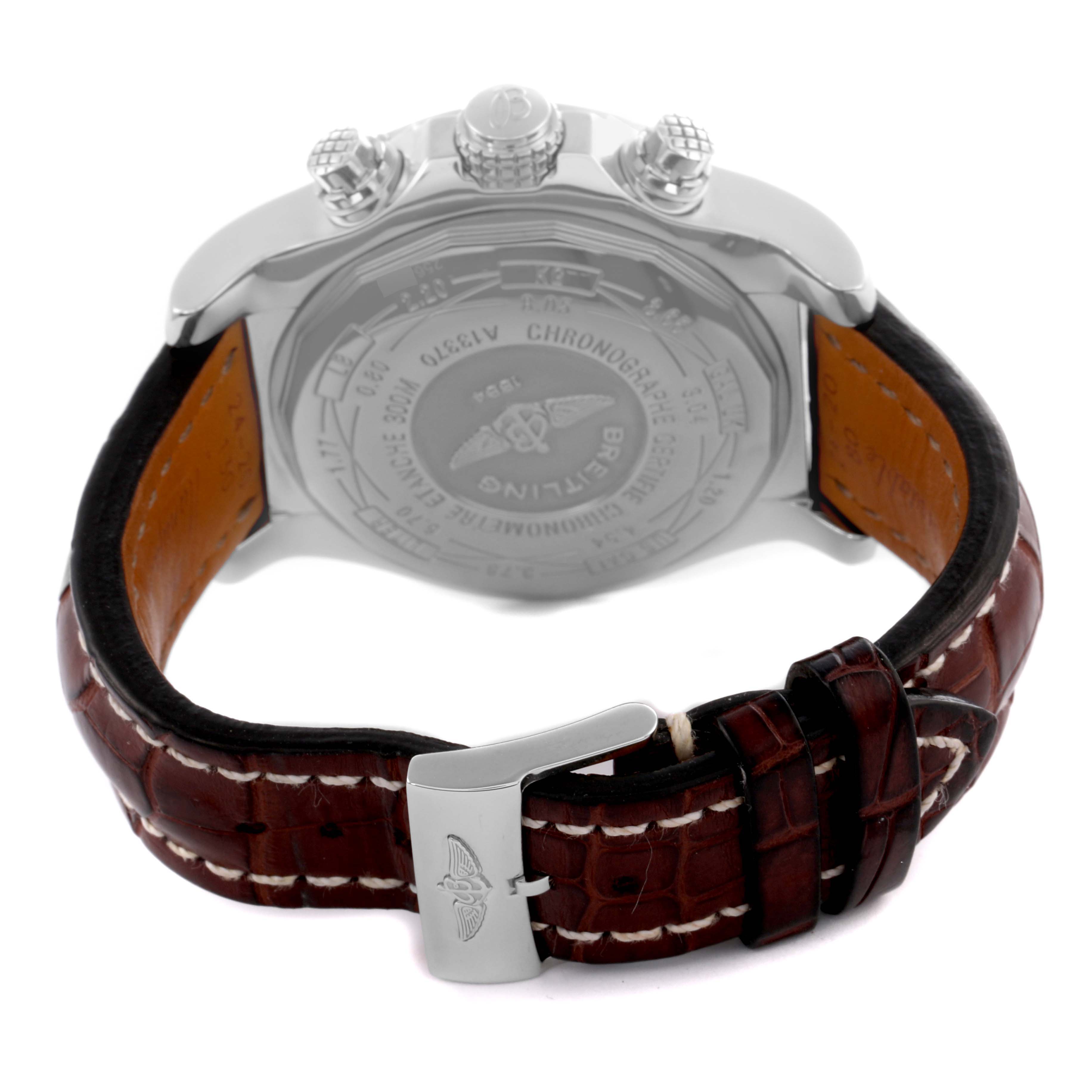 The Breitling Avenger A13370 Men's Stainless Steel White Dial A13370 Men's Stainless Steel White Dial watch is shown from the back with the caseback, leather strap, and clasp visible.