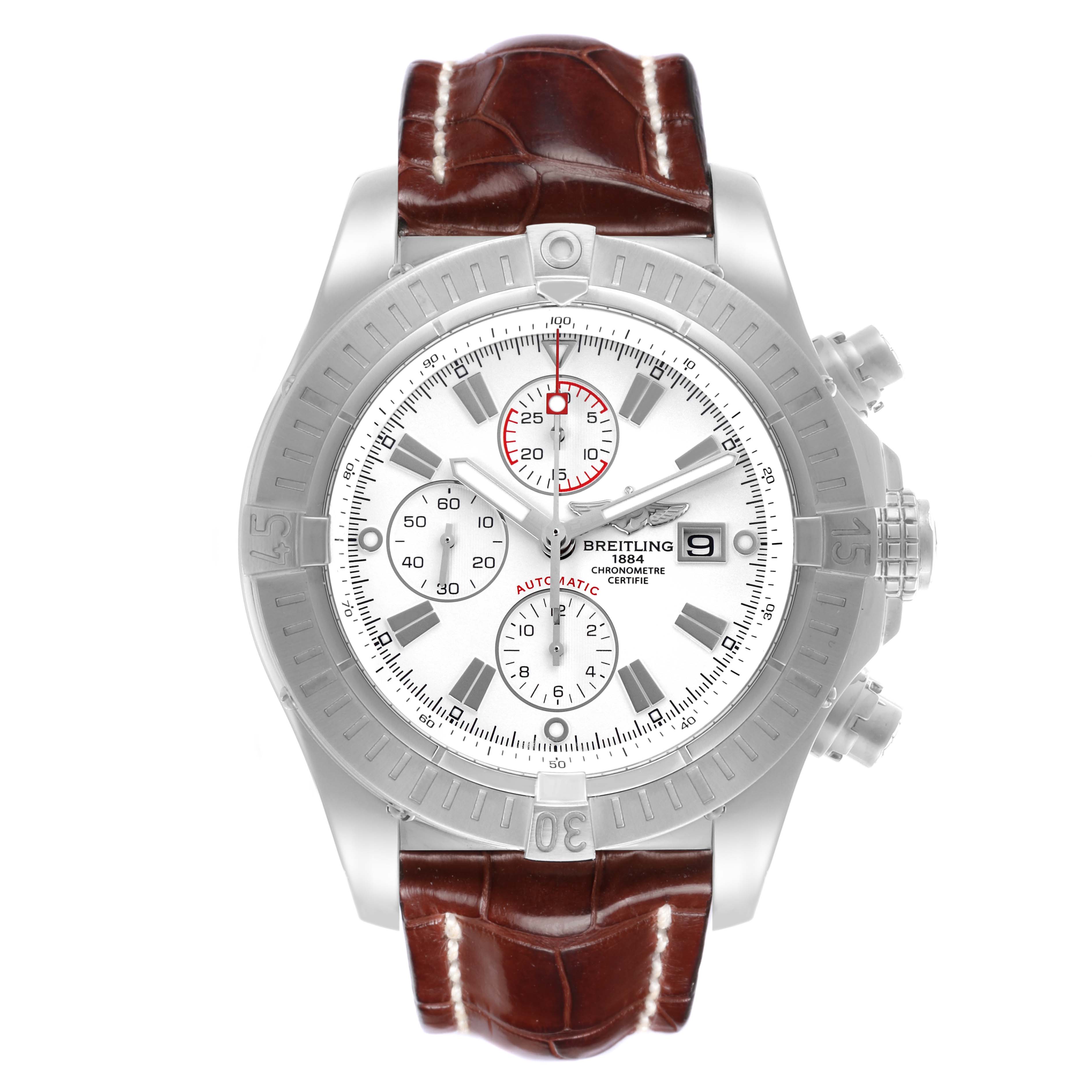 The Breitling Avenger A13370 Men's Stainless Steel White Dial A13370 Men's Stainless Steel White Dial watch is shown from a top view, displaying the face, hands, subdials, bezel, and leather strap.