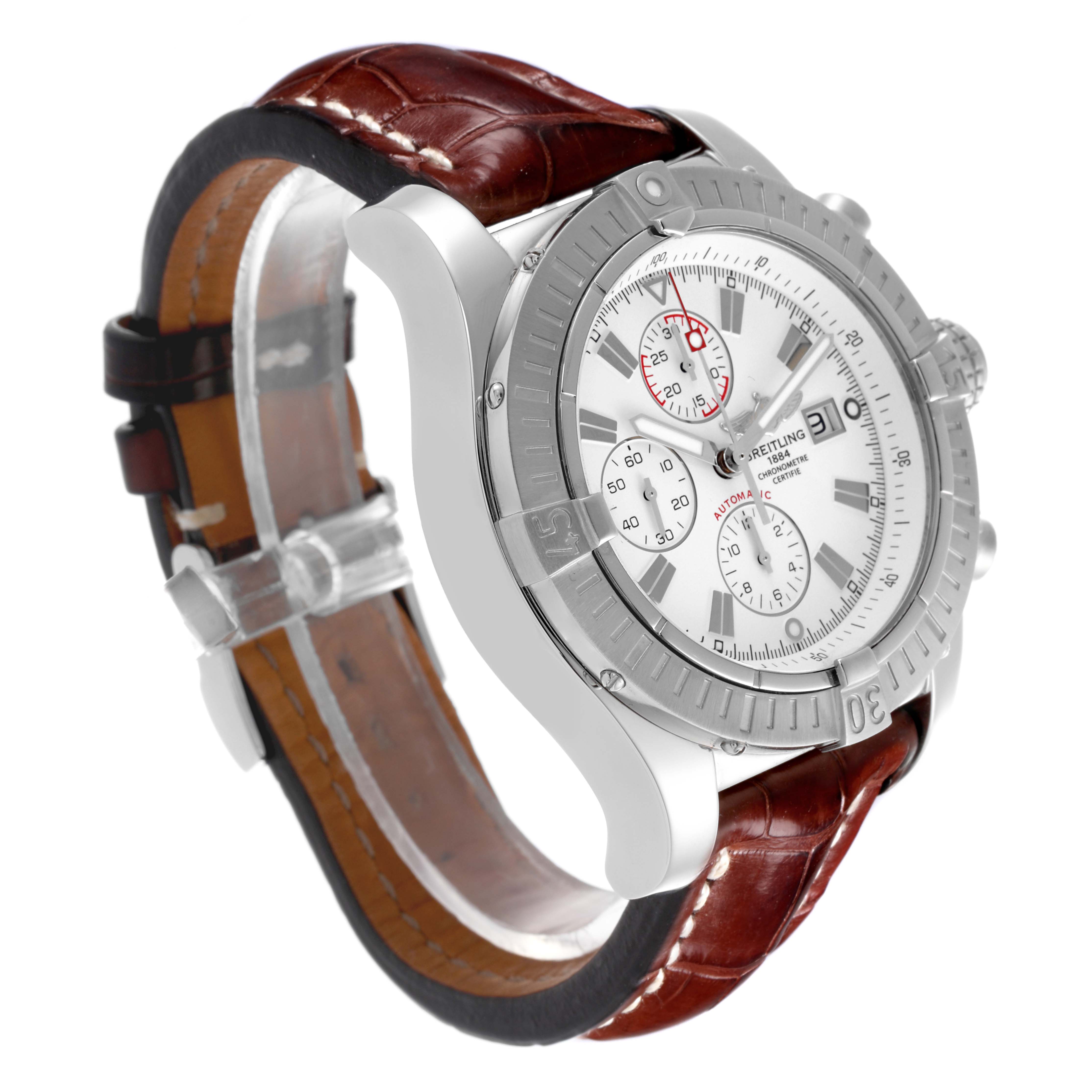 The image shows a Breitling Avenger A13370 Men's Stainless Steel White Dial A13370 Men's Stainless Steel White Dial watch at a three-quarter angle, highlighting the case, bezel, dial, and leather strap.