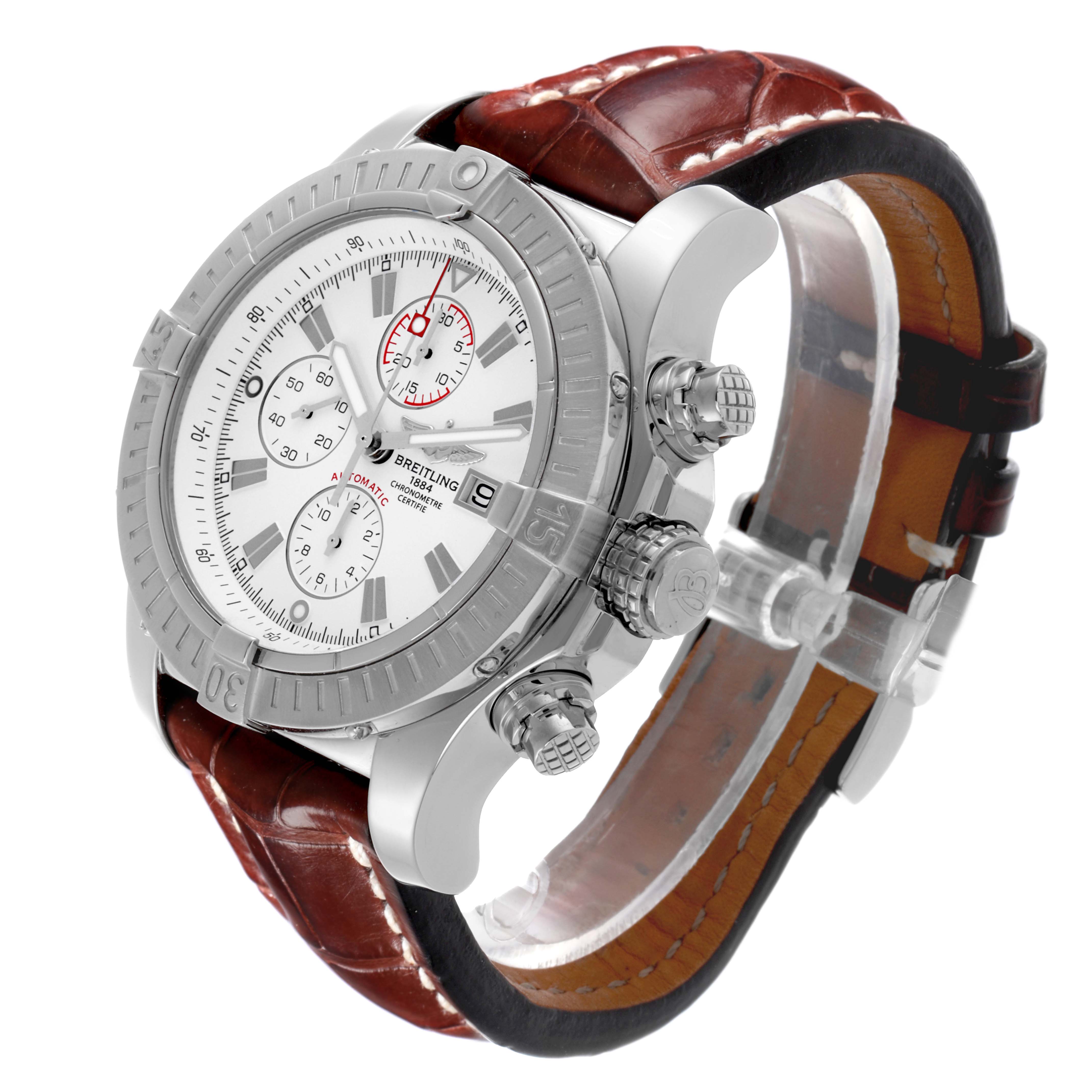 The Breitling Avenger A13370 Men's Stainless Steel White Dial A13370 Men's Stainless Steel White Dial watch is shown at an angled view displaying the dial, bezel, pushers, crown, and leather strap.