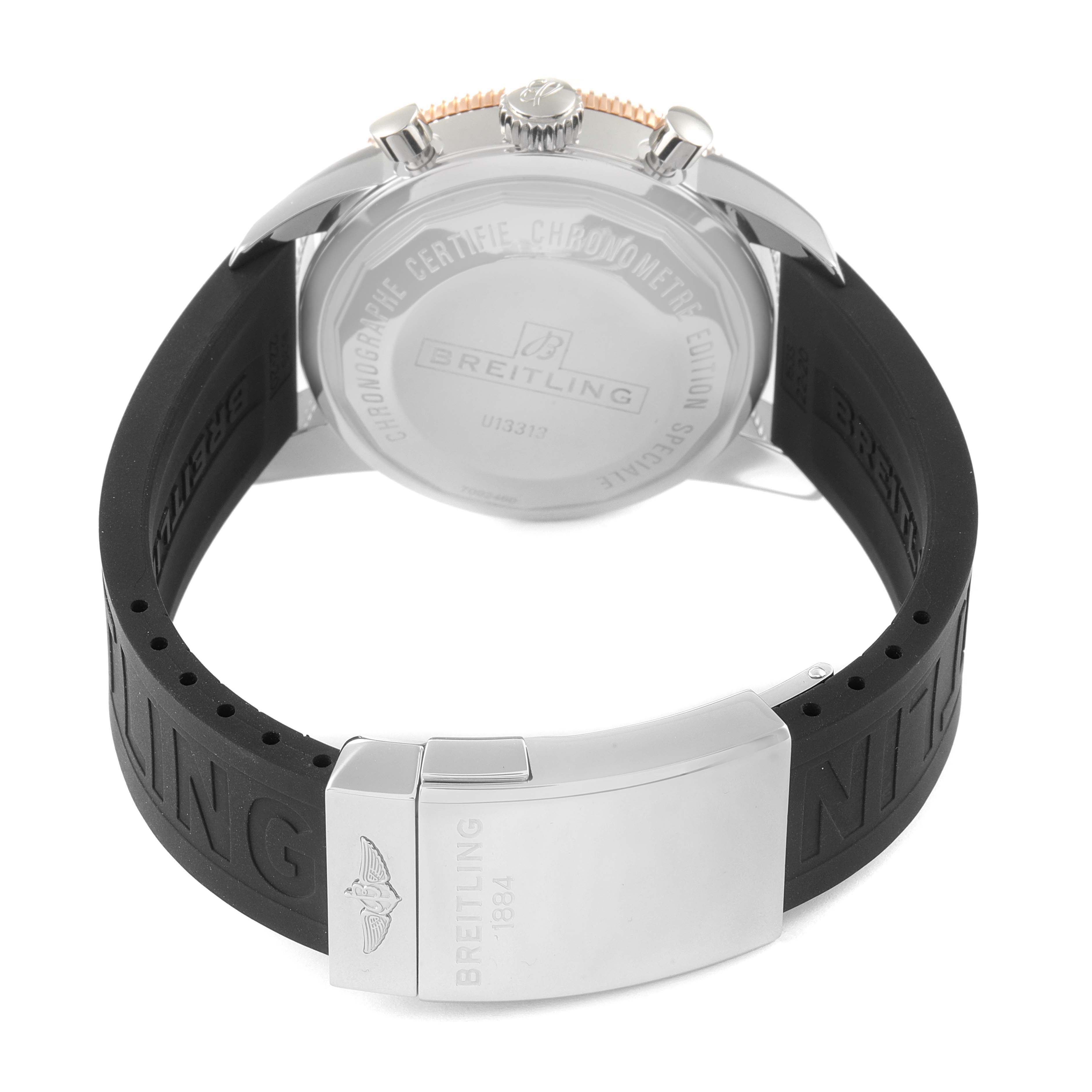 The image shows the back view of a Breitling Superocean U1331312/BG50/279S/A20D.4 Men's Steel and Gold (two tone) Black Dial U1331312/BG50/279S/A20D.4 Men's Steel and Gold (two tone) Black Dial watch with its case back, strap, and clasp visible.