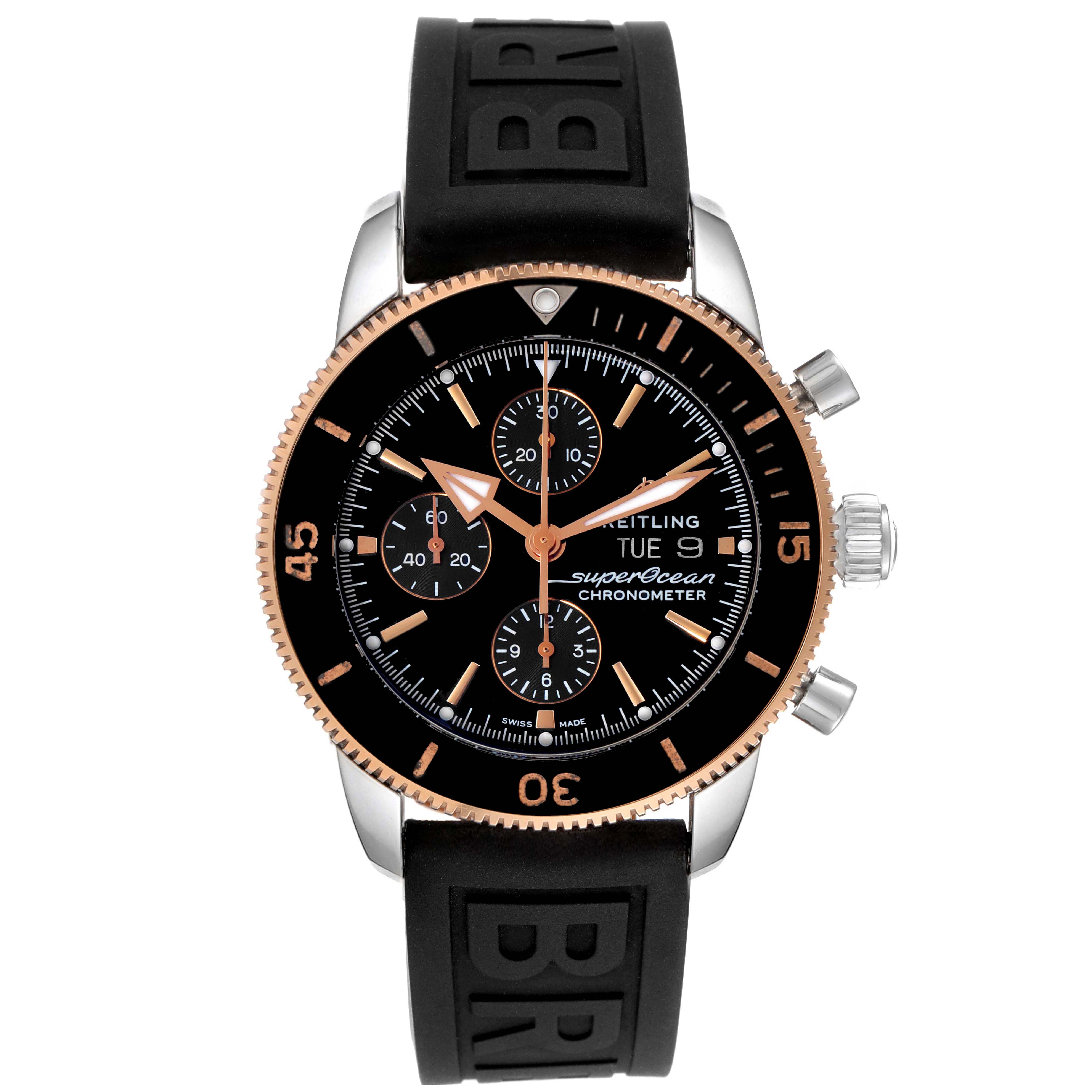 This image shows a front view of a Breitling Superocean U1331312/BG50/279S/A20D.4 Men's Steel and Gold (two tone) Black Dial U1331312/BG50/279S/A20D.4 Men's Steel and Gold (two tone) Black Dial watch, highlighting its black dial, subdials, and rubber strap.