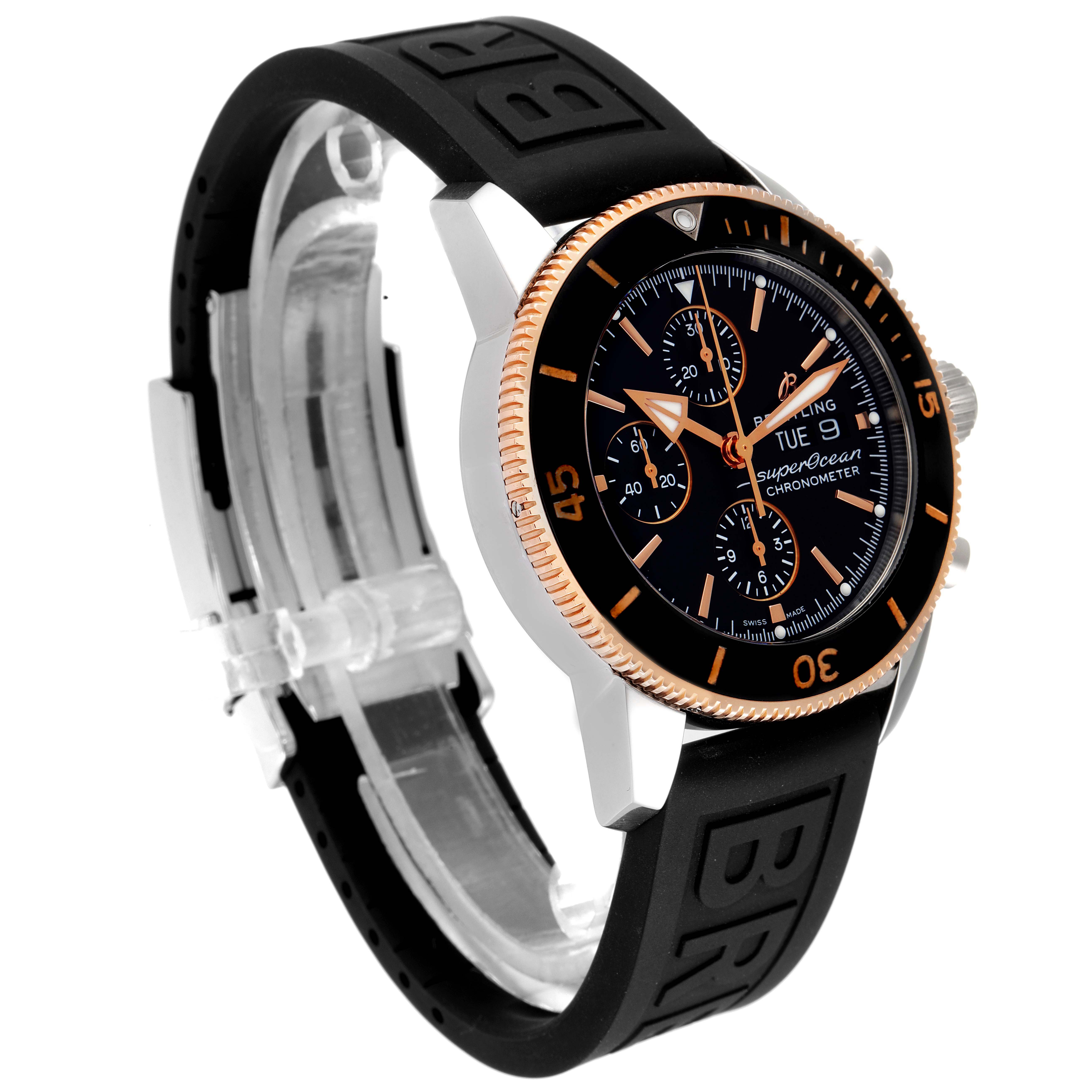 This Breitling Superocean U1331312/BG50/279S/A20D.4 Men's Steel and Gold (two tone) Black Dial U1331312/BG50/279S/A20D.4 Men's Steel and Gold (two tone) Black Dial watch is shown from a left angle, highlighting the bezel, dial, strap, and crown.