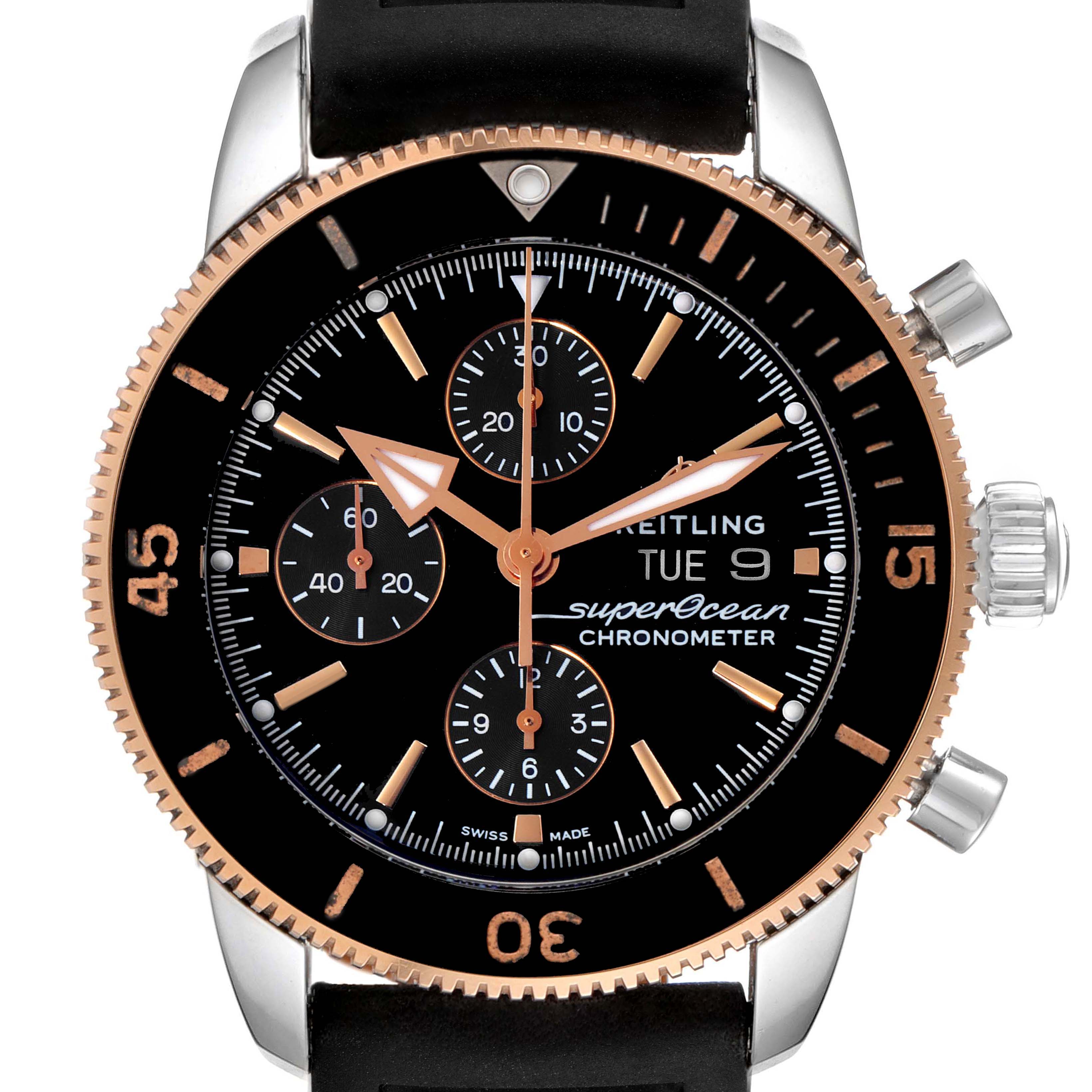 The image shows a top-down view of the Breitling Superocean U1331312/BG50/279S/A20D.4 Men's Steel and Gold (two tone) Black Dial U1331312/BG50/279S/A20D.4 Men's Steel and Gold (two tone) Black Dial Chronometer watch, highlighting its dial, bezel, and chronograph sub-dials.