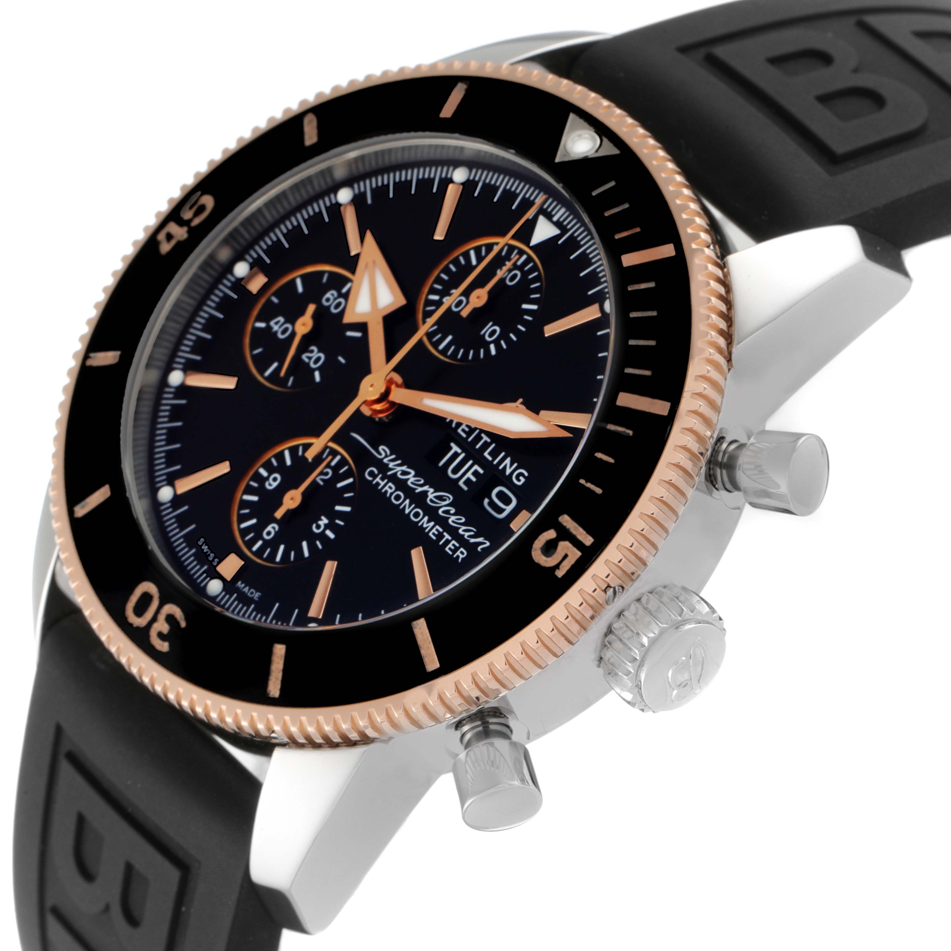 This image shows a Breitling Superocean U1331312/BG50/279S/A20D.4 Men's Steel and Gold (two tone) Black Dial U1331312/BG50/279S/A20D.4 Men's Steel and Gold (two tone) Black Dial watch angled from the front-right, highlighting the face, crown, and push buttons.