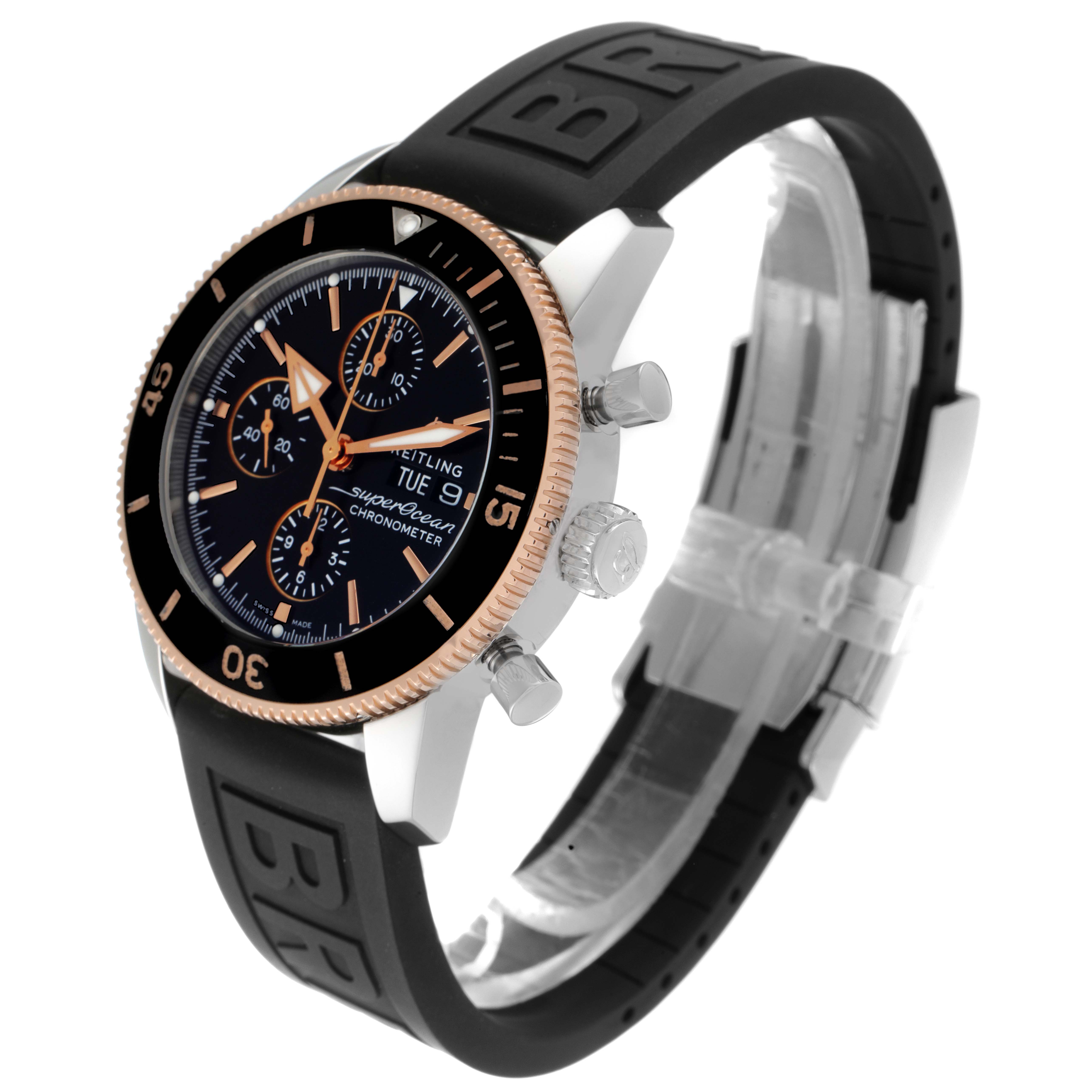 The image shows a Breitling Superocean U1331312/BG50/279S/A20D.4 Men's Steel and Gold (two tone) Black Dial U1331312/BG50/279S/A20D.4 Men's Steel and Gold (two tone) Black Dial watch at a three-quarter angle, highlighting the dial, bezel, and rubber strap.