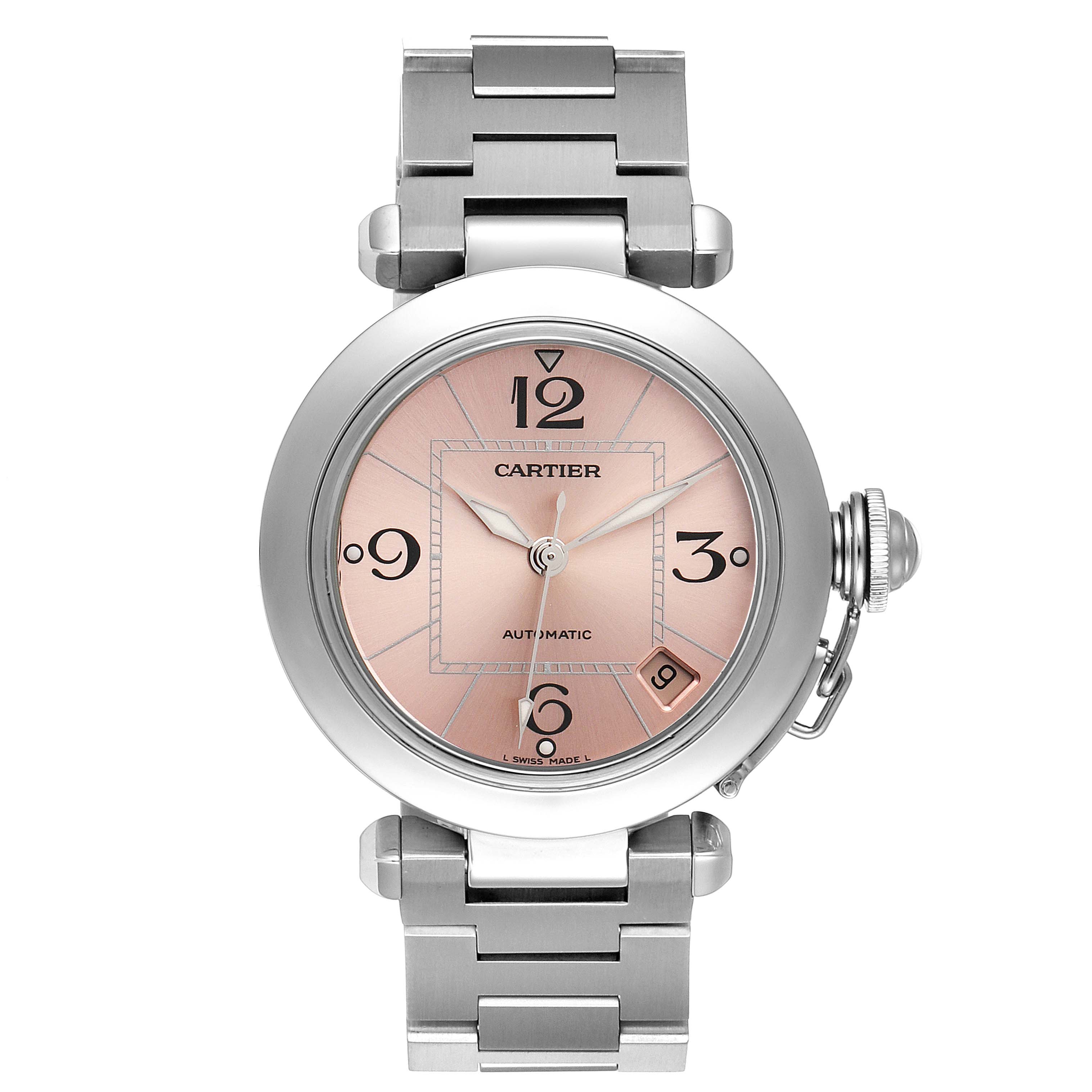 This image shows a front view of the Cartier Pasha W31075M7 Women's Stainless Steel Pink Dial W31075M7 Women's Stainless Steel Pink Dial watch, displaying its face, bracelet, and crown.