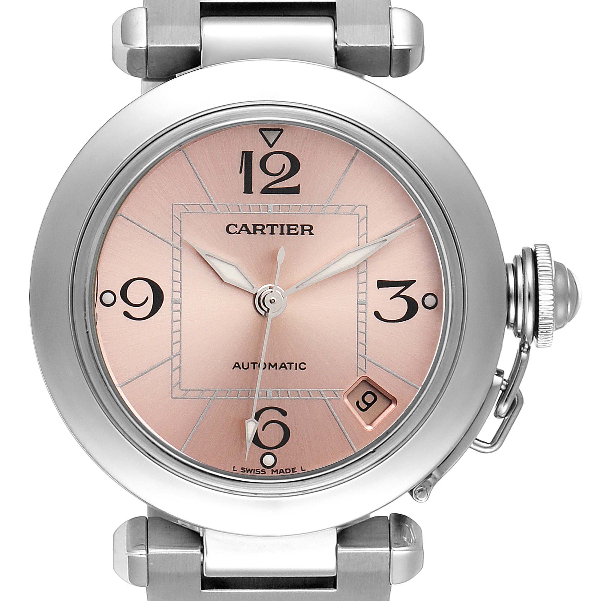 The image shows a close-up of the face of a Cartier Pasha W31075M7 Women's Stainless Steel Pink Dial W31075M7 Women's Stainless Steel Pink Dial watch, highlighting the dial, hands, and date window.
