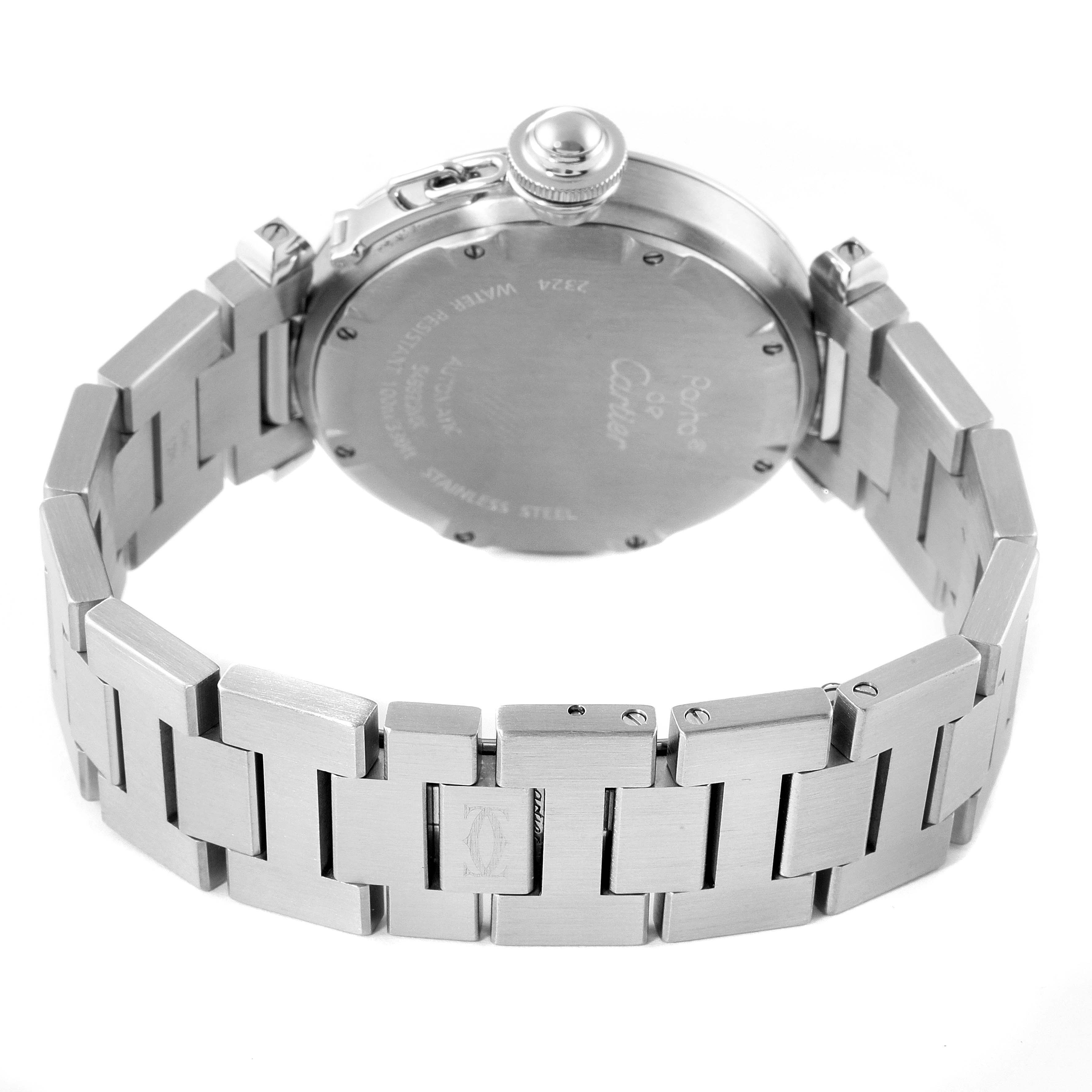 The image shows the back and bracelet of a Cartier Pasha W31075M7 Women's Stainless Steel Pink Dial W31075M7 Women's Stainless Steel Pink Dial watch from an angled rear view.