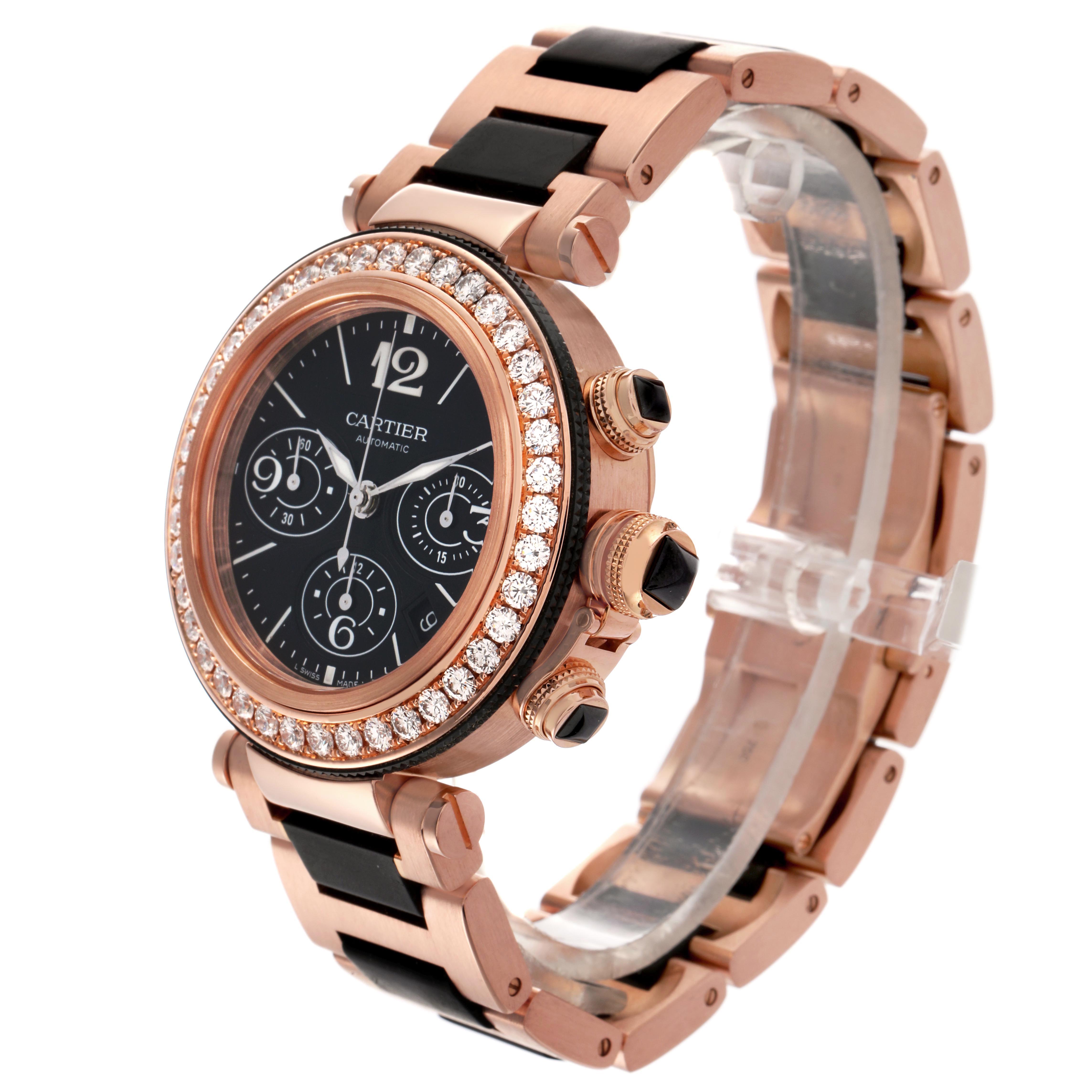 The Pasha de Cartier watch is shown at a slight angle, highlighting its rose gold case, diamond bezel, and bracelet.