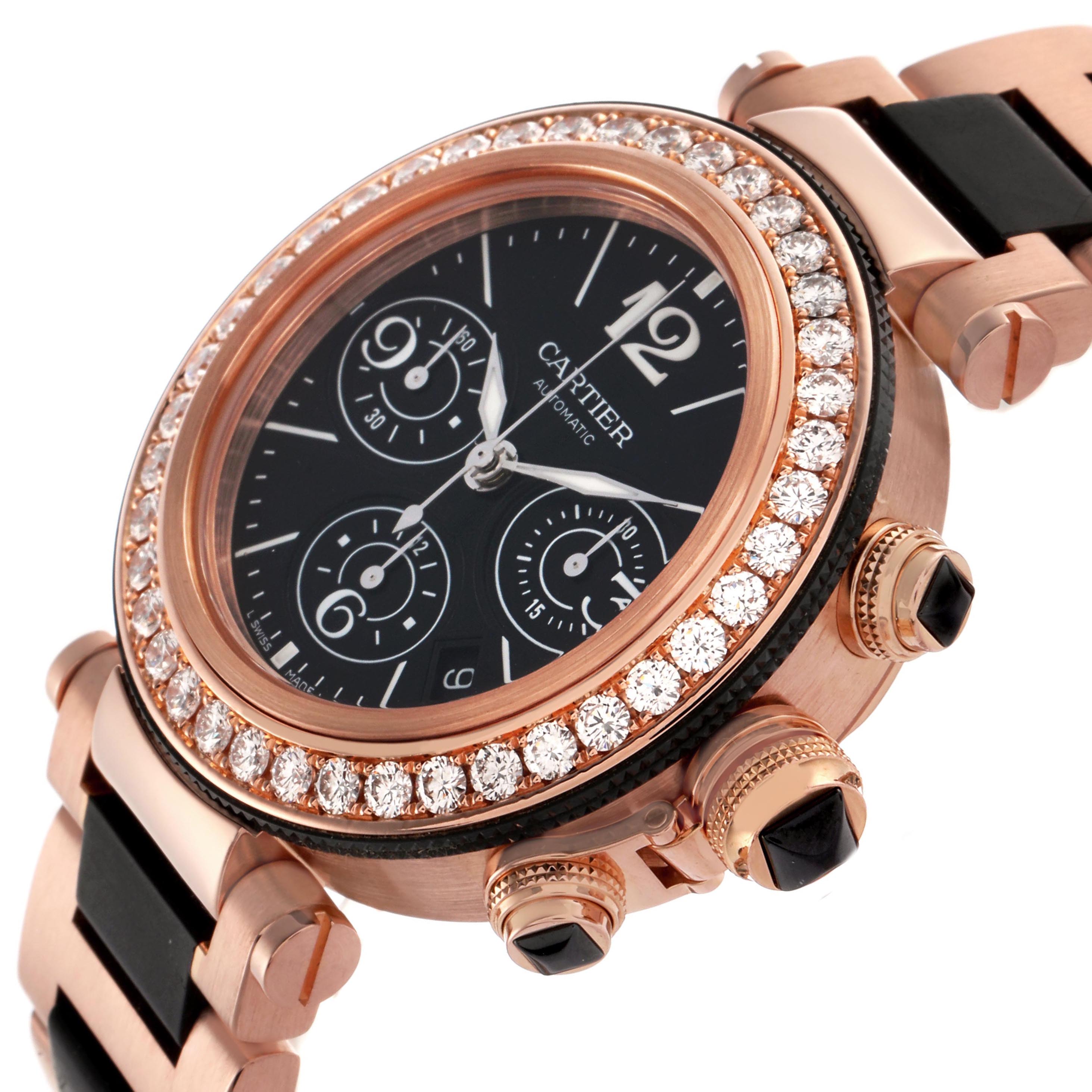 The Cartier Pasha WJ13000M Men's Rose Gold Black Dial WJ13000M Men's Rose Gold Black Dial watch is shown at a diagonal angle, highlighting the diamond bezel, black dial, subdials, crown, and bracelet.
