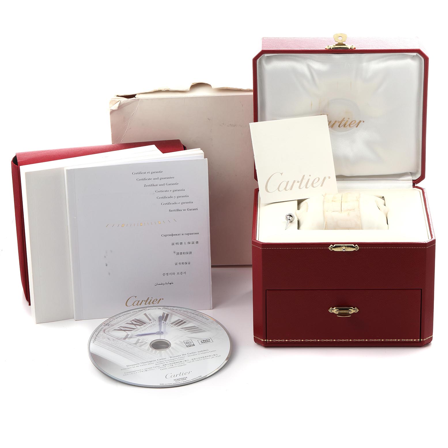 The image shows a Cartier Pasha WJ13000M Men's Rose Gold Black Dial WJ13000M Men's Rose Gold Black Dial watch box set with manuals, a CD, and the watch box, all viewed from the front.