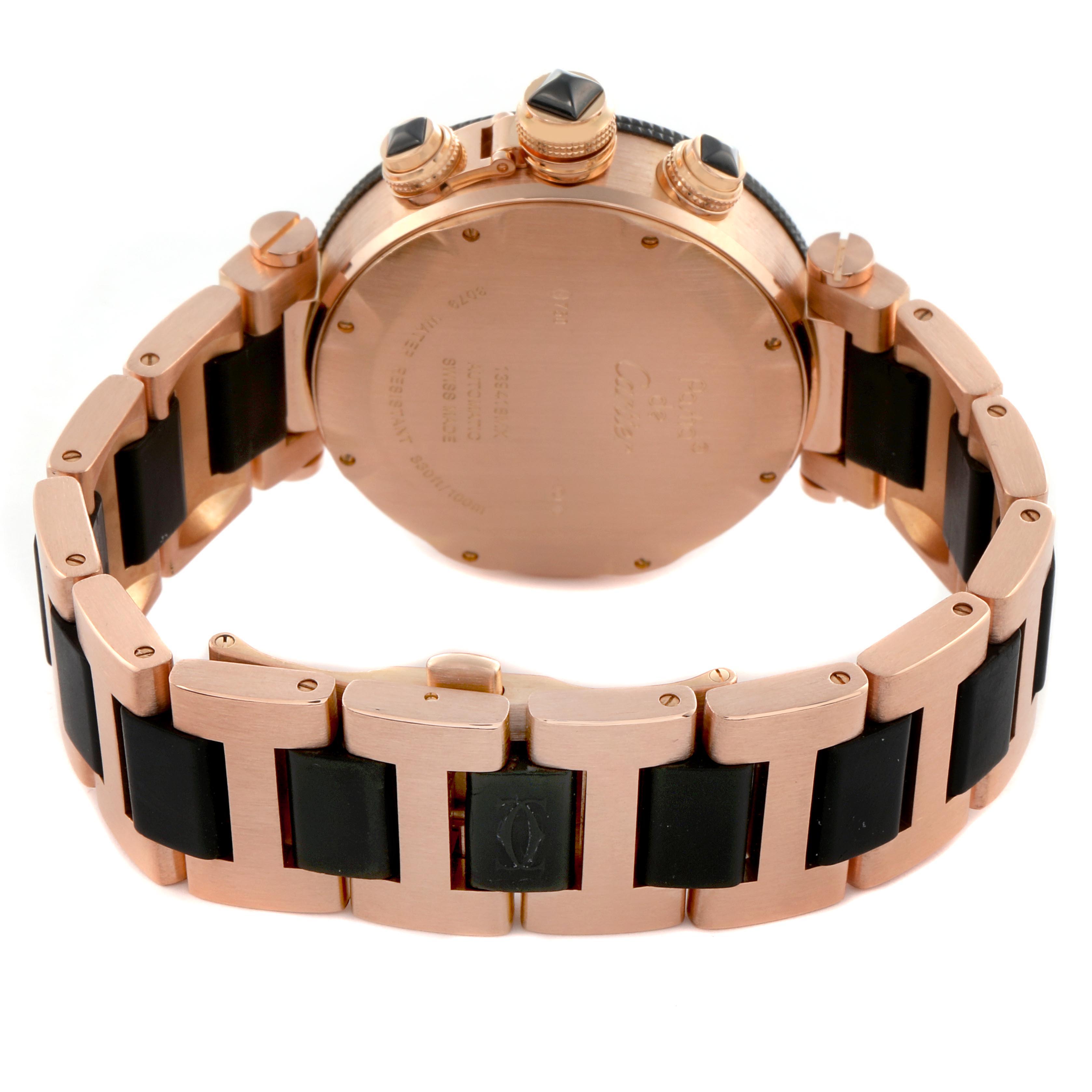 The Cartier Pasha WJ13000M Men's Rose Gold Black Dial WJ13000M Men's Rose Gold Black Dial watch is shown from the back, highlighting the case back, crown, pushers, and bracelet design.