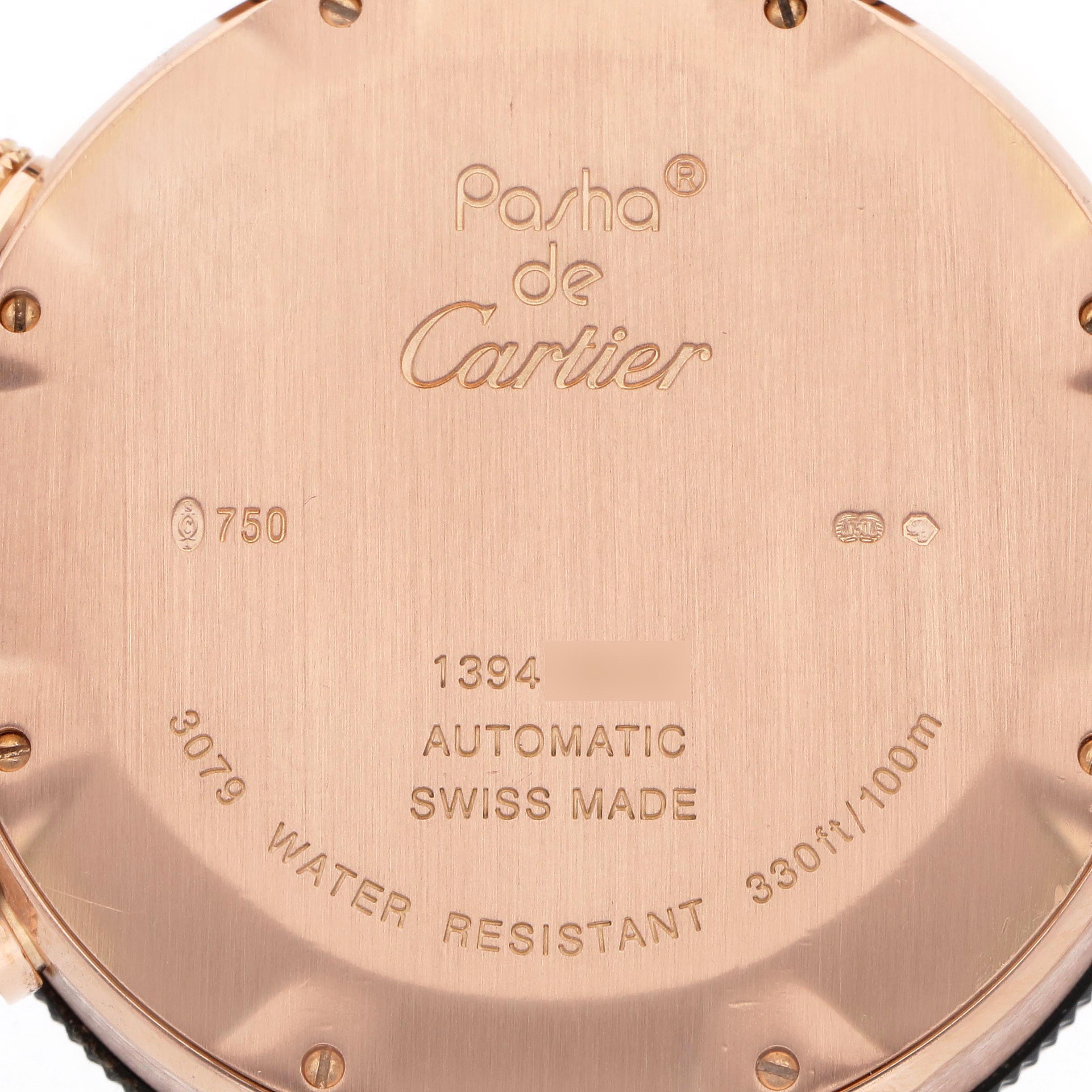 The image shows the back of a Pasha de Cartier watch, highlighting engravings and specifications.