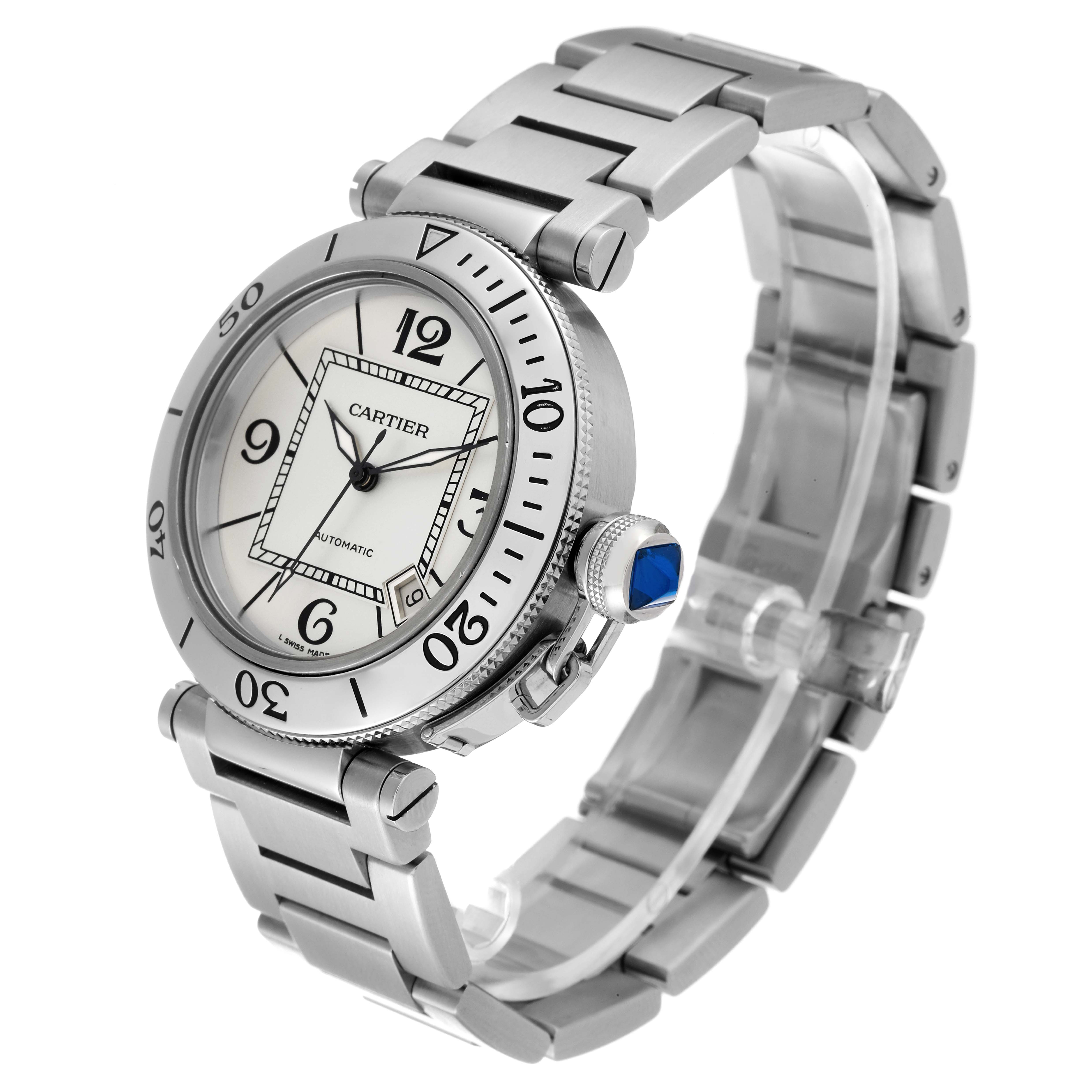 The image shows a side-angle view of the Cartier Pasha W31080M7 Men's Stainless Steel Silver Dial W31080M7 Men's Stainless Steel Silver Dial model watch, displaying the dial, bezel, crown, and part of the bracelet.