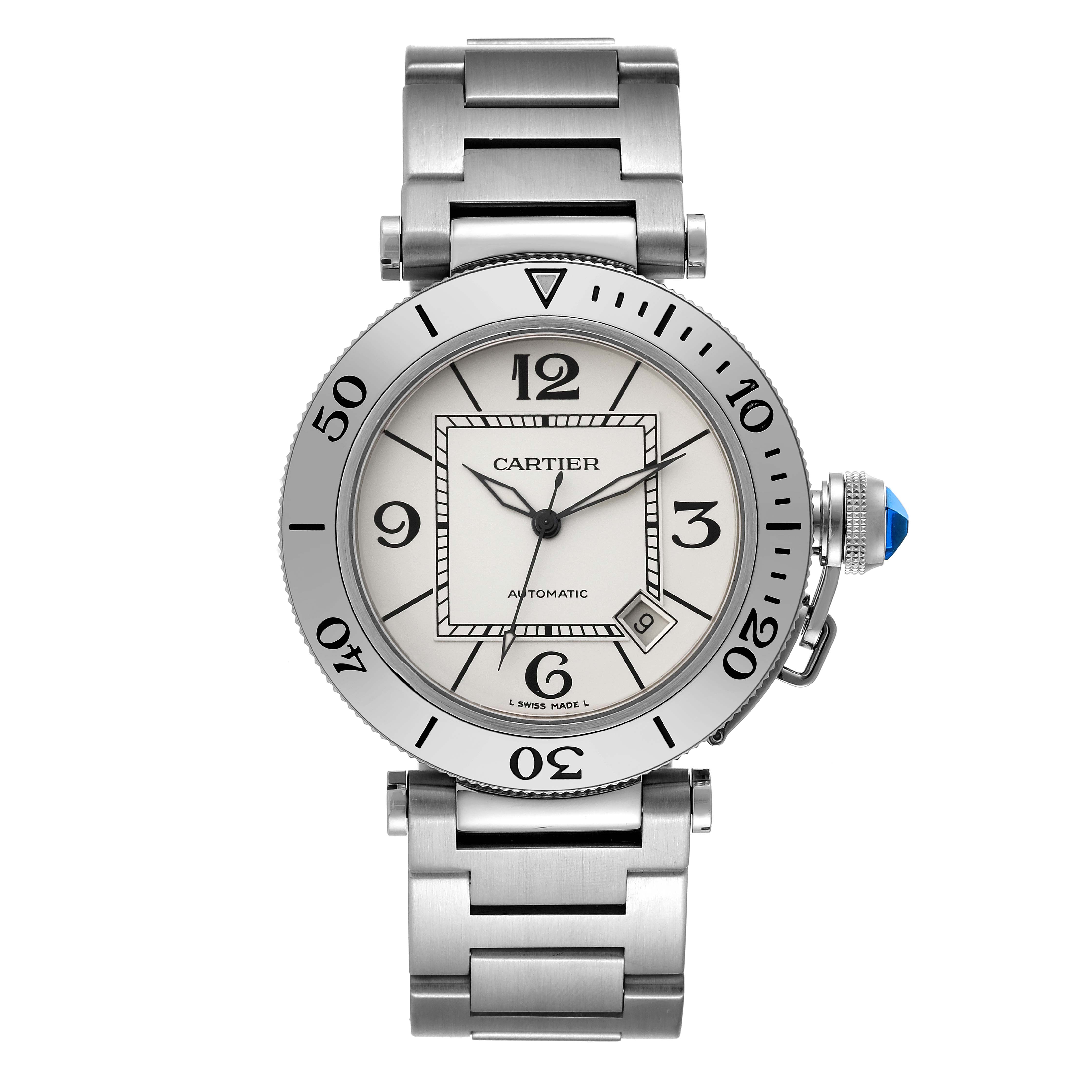 This image shows a front view of the Cartier Pasha W31080M7 Men's Stainless Steel Silver Dial W31080M7 Men's Stainless Steel Silver Dial watch, highlighting its face, bezel, crown, and stainless steel bracelet.