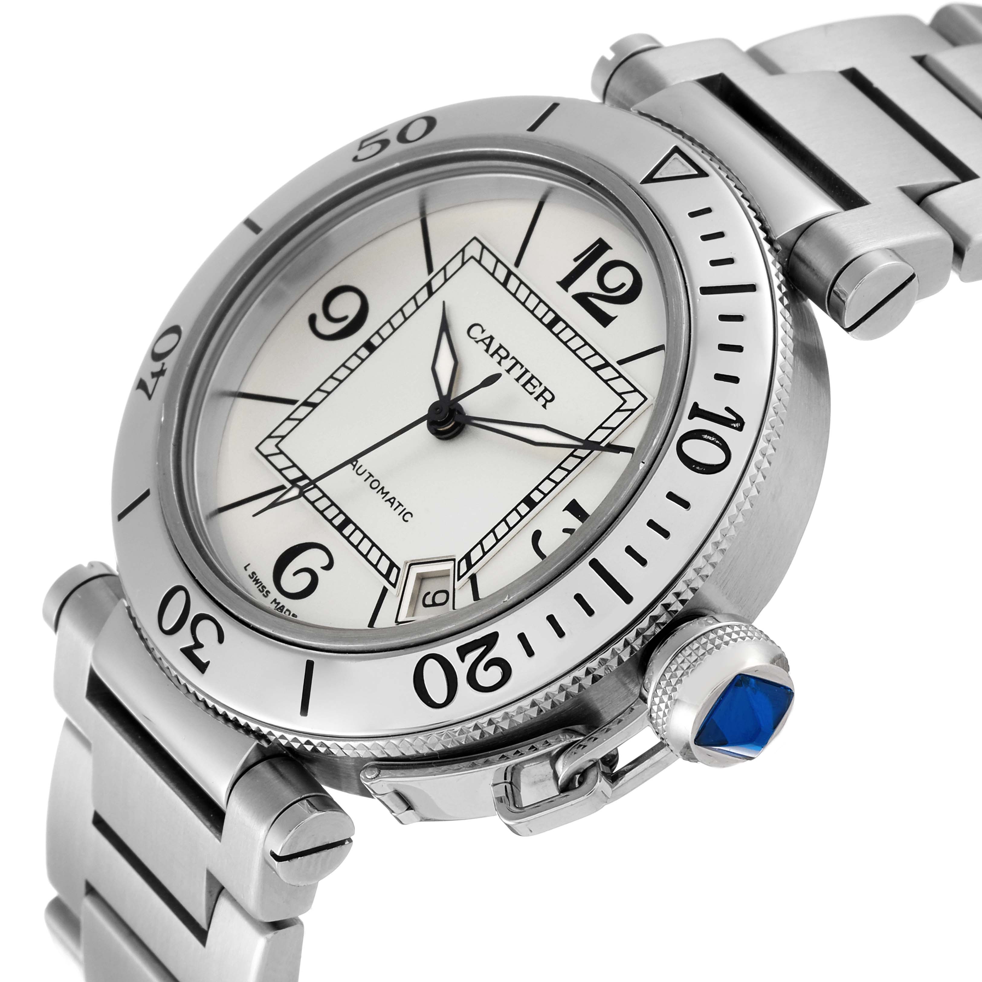 This image shows a Cartier Pasha W31080M7 Men's Stainless Steel Silver Dial W31080M7 Men's Stainless Steel Silver Dial watch from a slightly angled side view, highlighting its bezel, crown, dial, and bracelet.