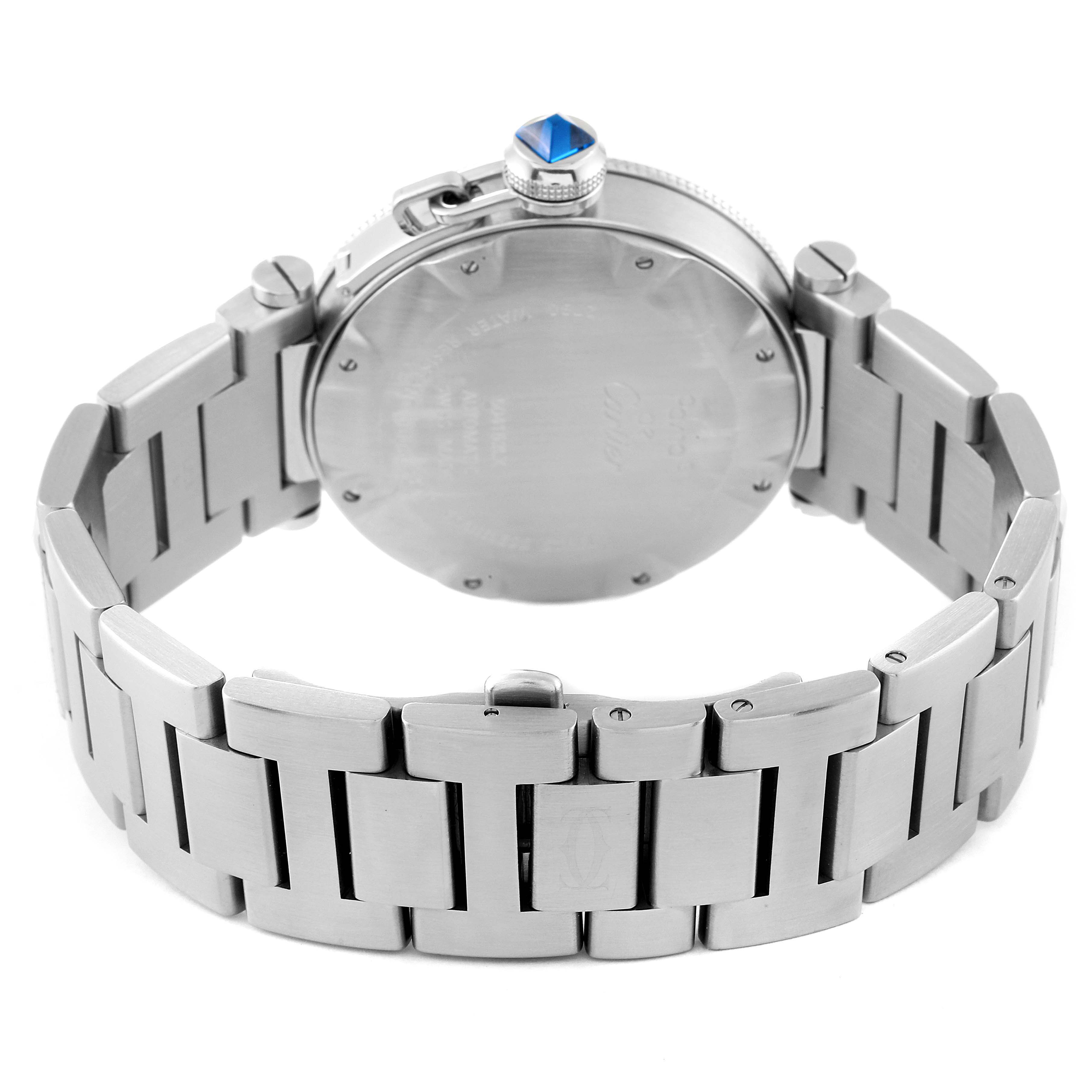 This image shows the backside and bracelet of a Cartier Pasha W31080M7 Men's Stainless Steel Silver Dial W31080M7 Men's Stainless Steel Silver Dial watch, including the case back and blue sapphire crown.