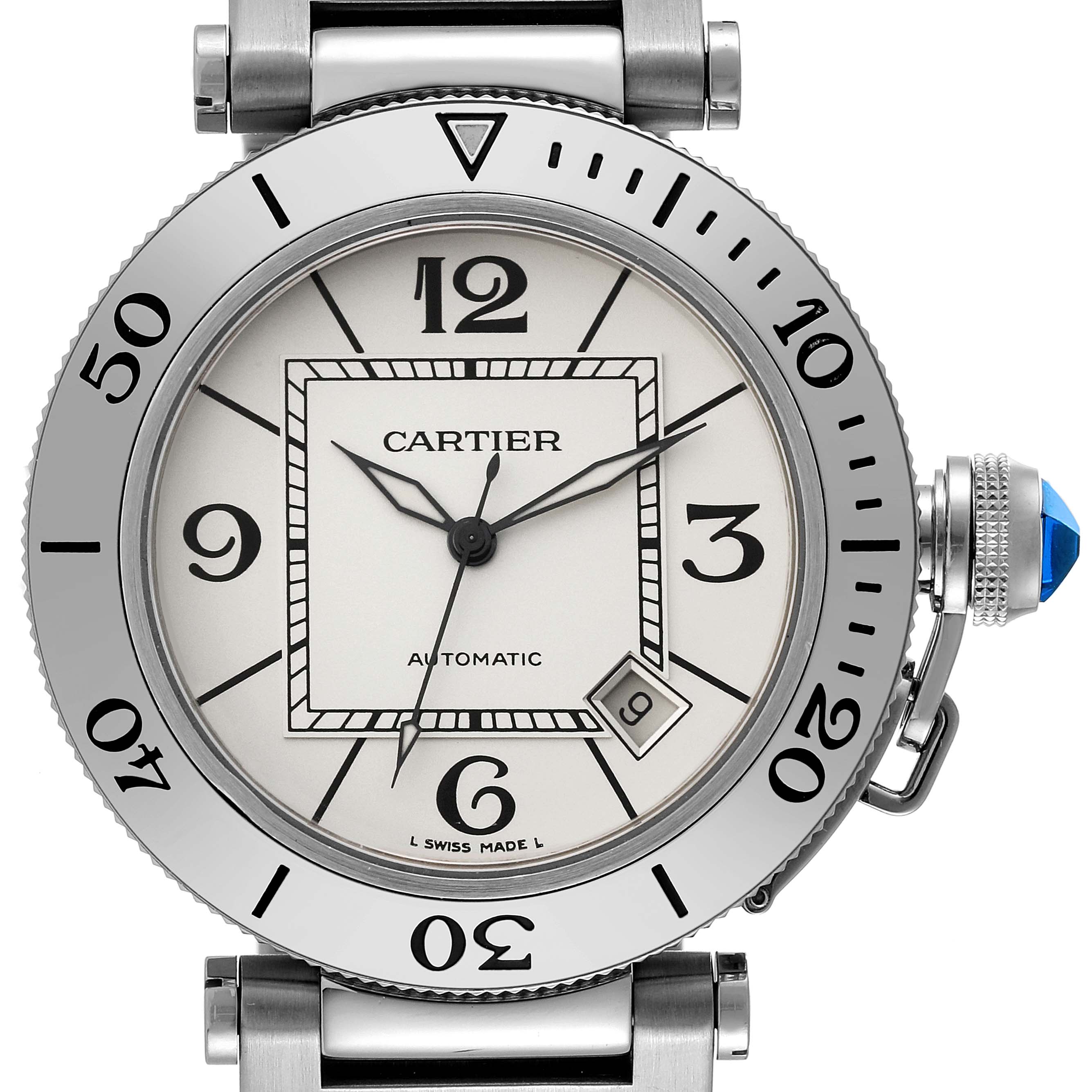 The image shows a front view of the Cartier Pasha W31080M7 Men's Stainless Steel Silver Dial W31080M7 Men's Stainless Steel Silver Dial watch, featuring its face, bezel, and crown.