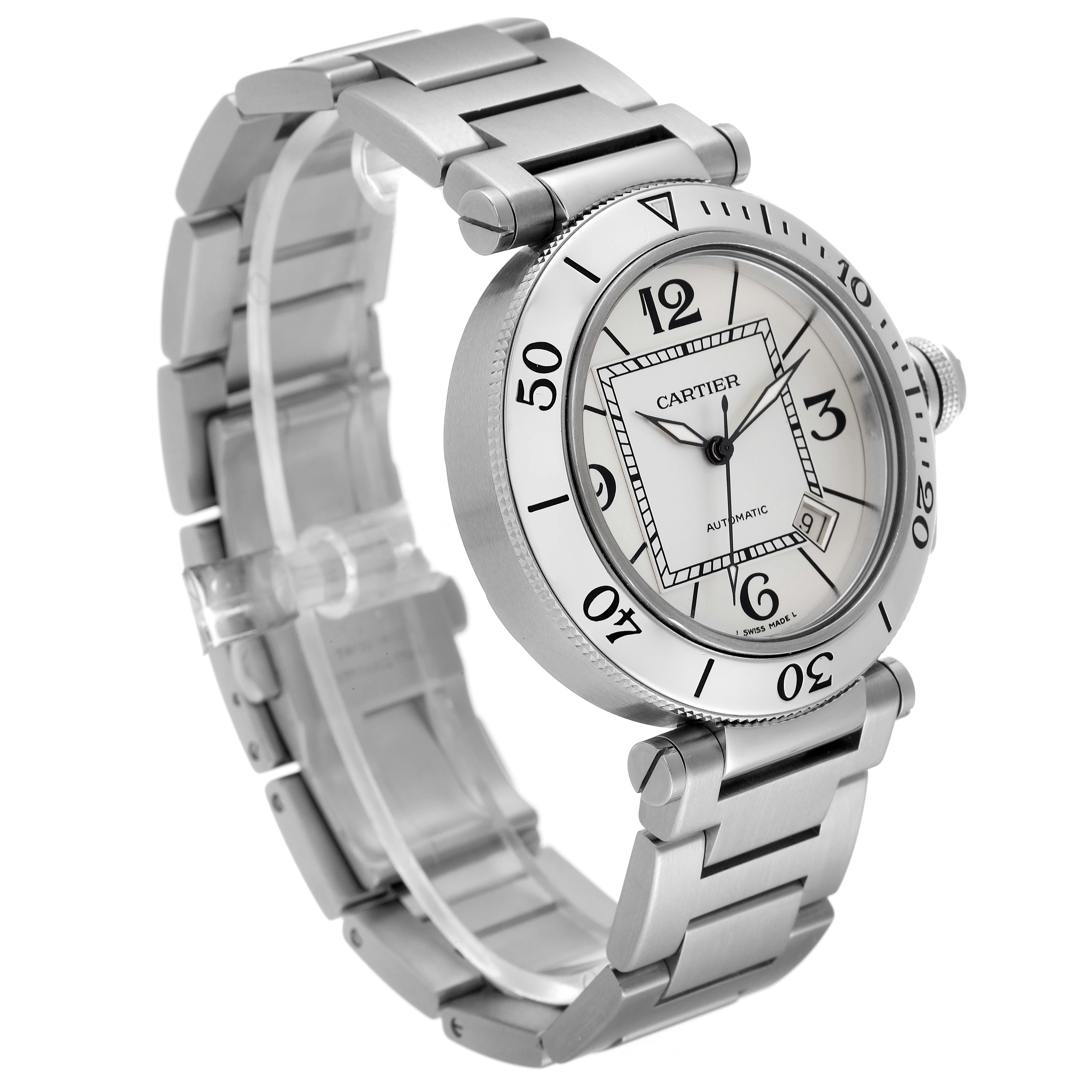 The image shows a Cartier Pasha W31080M7 Men's Stainless Steel Silver Dial W31080M7 Men's Stainless Steel Silver Dial watch at a three-quarter angle, highlighting the dial, bezel, and metal bracelet.