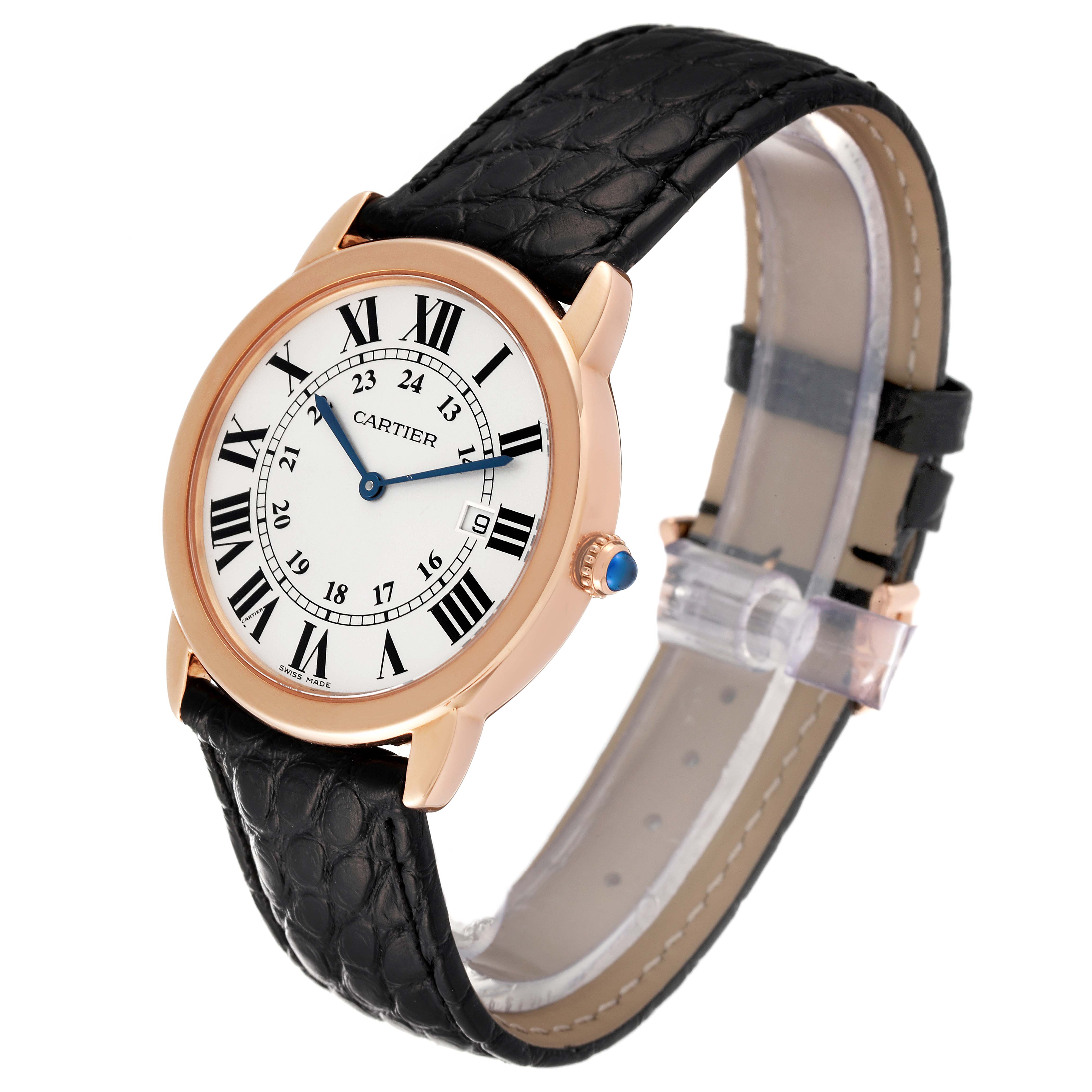 The image shows a side angle of the Cartier Ronde W6701008 Men
s Rose Gold Silver Dial W6701008 Men
s Rose Gold Silver Dial model watch, highlighting the face, bezel, and leather strap.