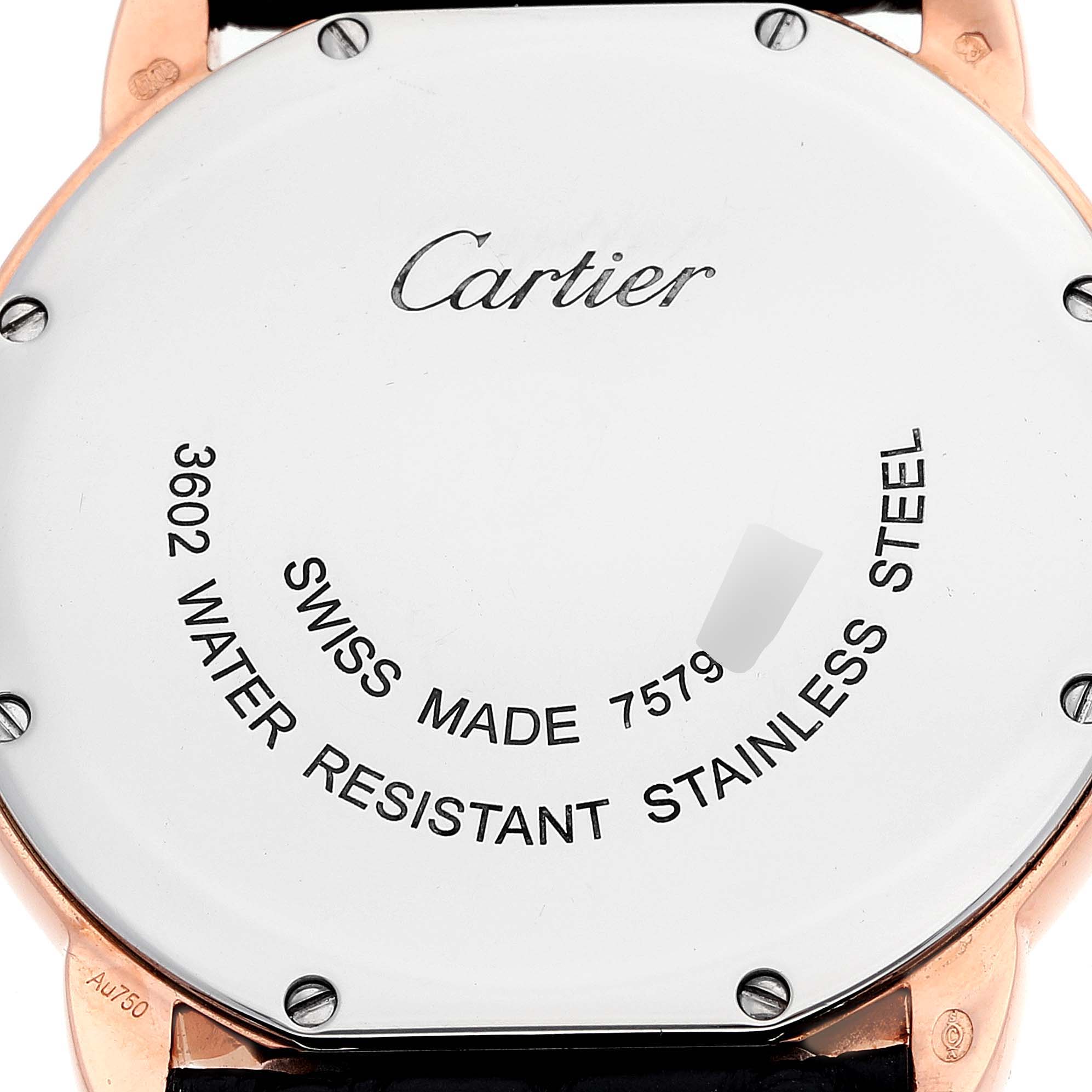 The image shows the back case of a Ronde model watch by Cartier, highlighting its stainless steel and water resistance details.