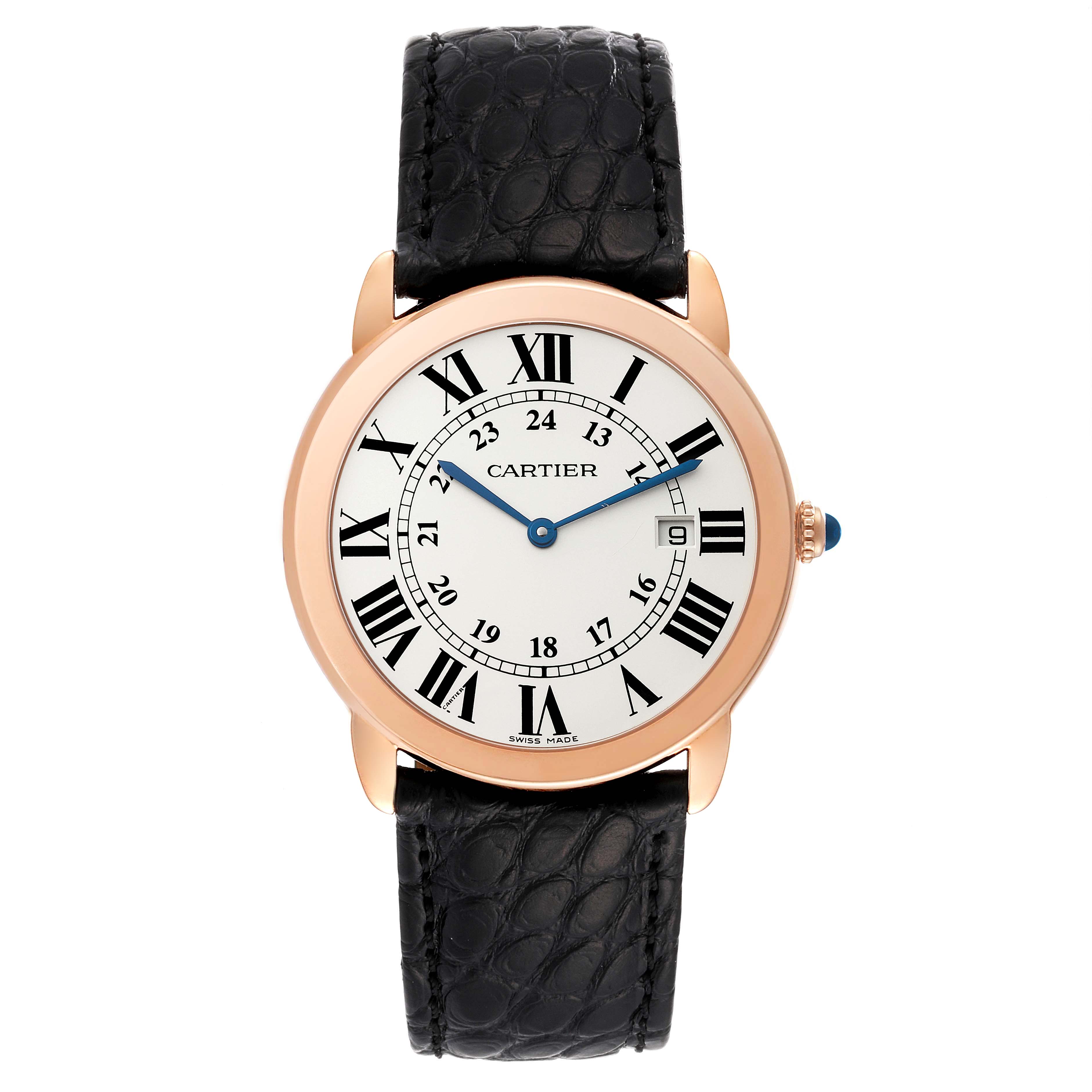 This image shows a Cartier Ronde W6701008 Men
s Rose Gold Silver Dial W6701008 Men
s Rose Gold Silver Dial model watch, viewed from the front, displaying its Roman numeral dial and black leather strap.