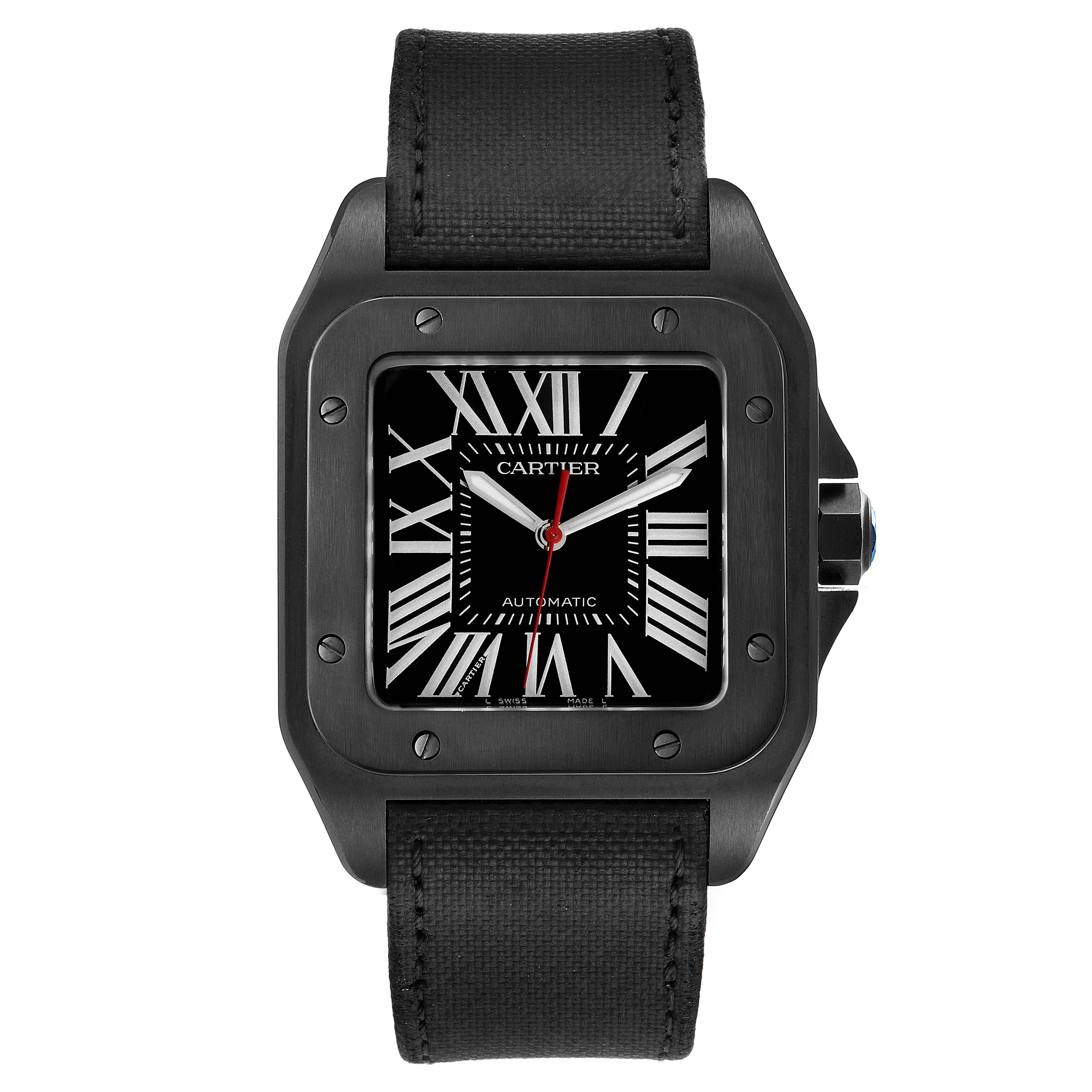 This is a front view of the Cartier Santos WSSA0006 Men's Stainless Steel Black Dial WSSA0006 Men's Stainless Steel Black Dial watch showing the dial, case, and strap.
